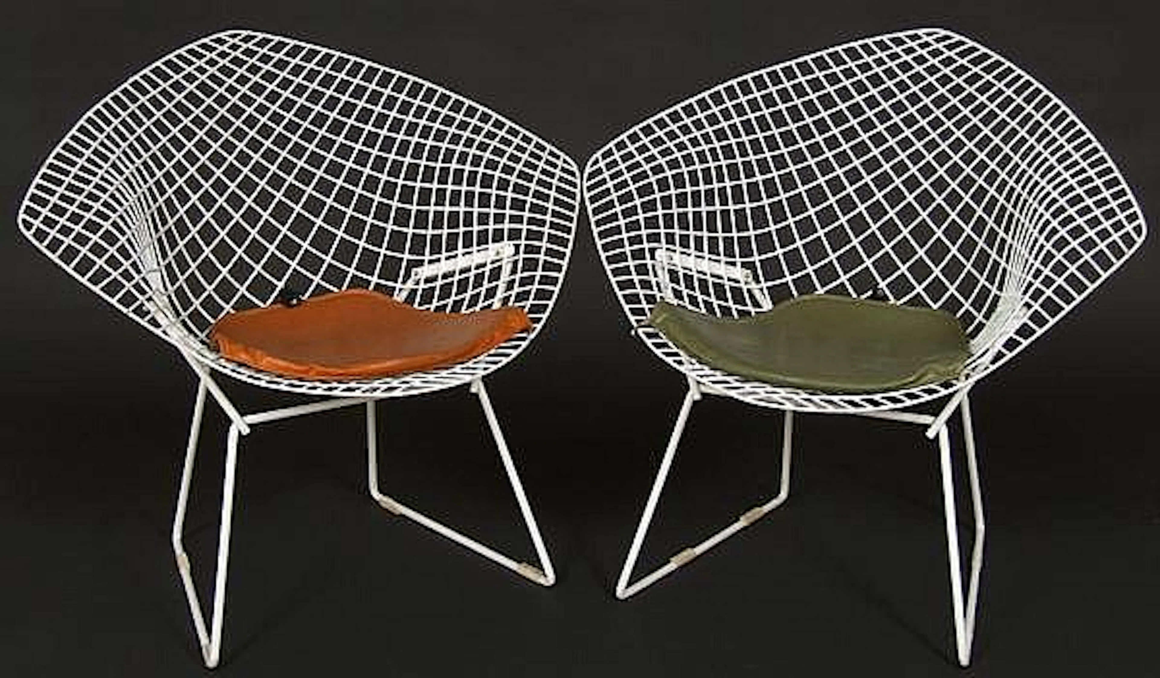 PAIR HARRY BERTOIA DIAMOND CHAIRS FOR KNOLL (Circa 1960's) Enameled metal, vinyl clad cushions. (1) mustard color, (1) olive color. Fabric tag: Art Metal - Knoll Corp., Knoll Asscoiates Division. Cond
