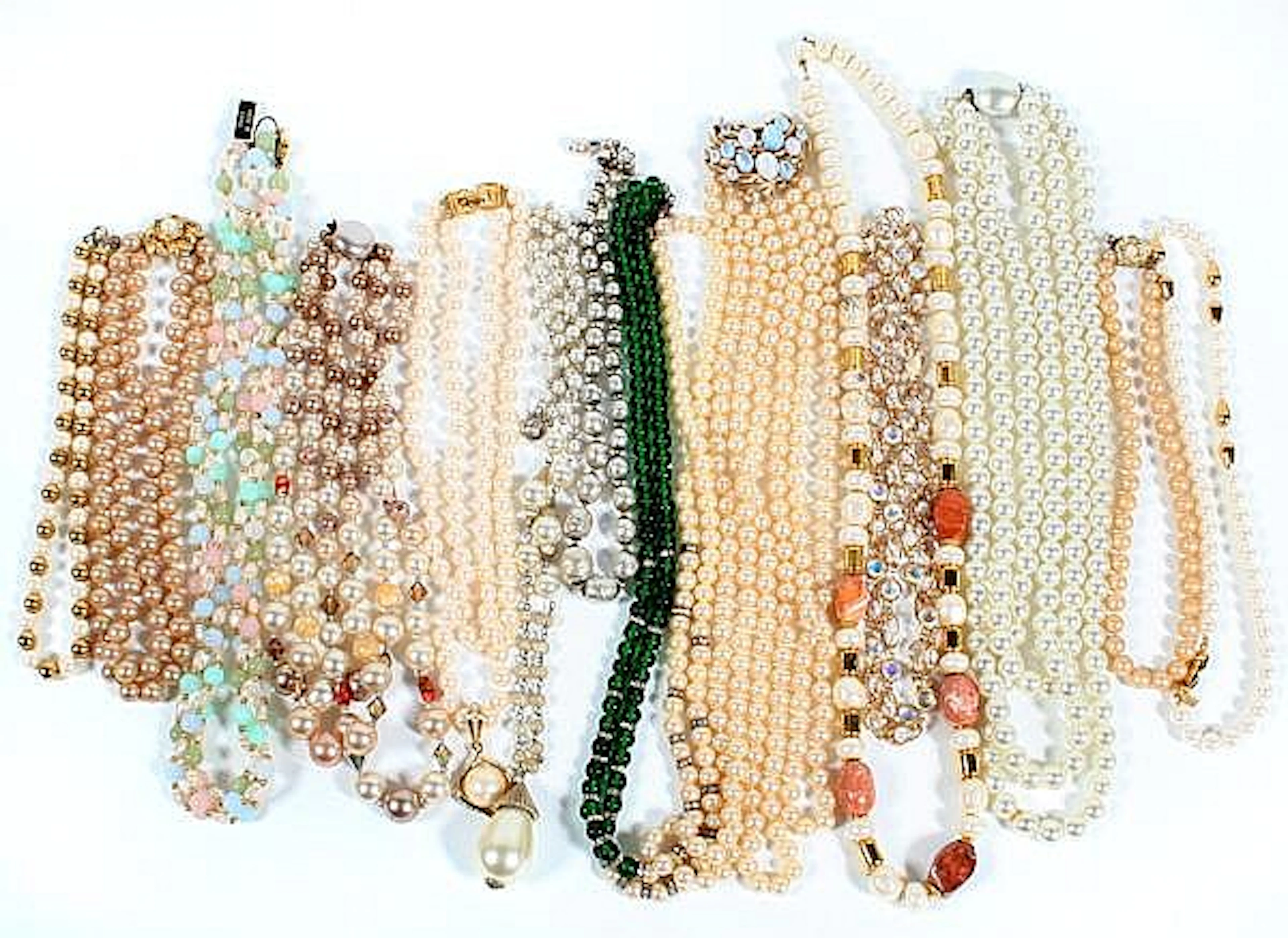 61 PIECES OF MIRIAM HASKELL AND SIMULATED PEARL COSTUME JEWELRY. This lot includes: (1) Miriam Haskell graduated, simulated Baroque pearl necklace. Size: 17''L. Mark: Miriam Haskell on decorated hook