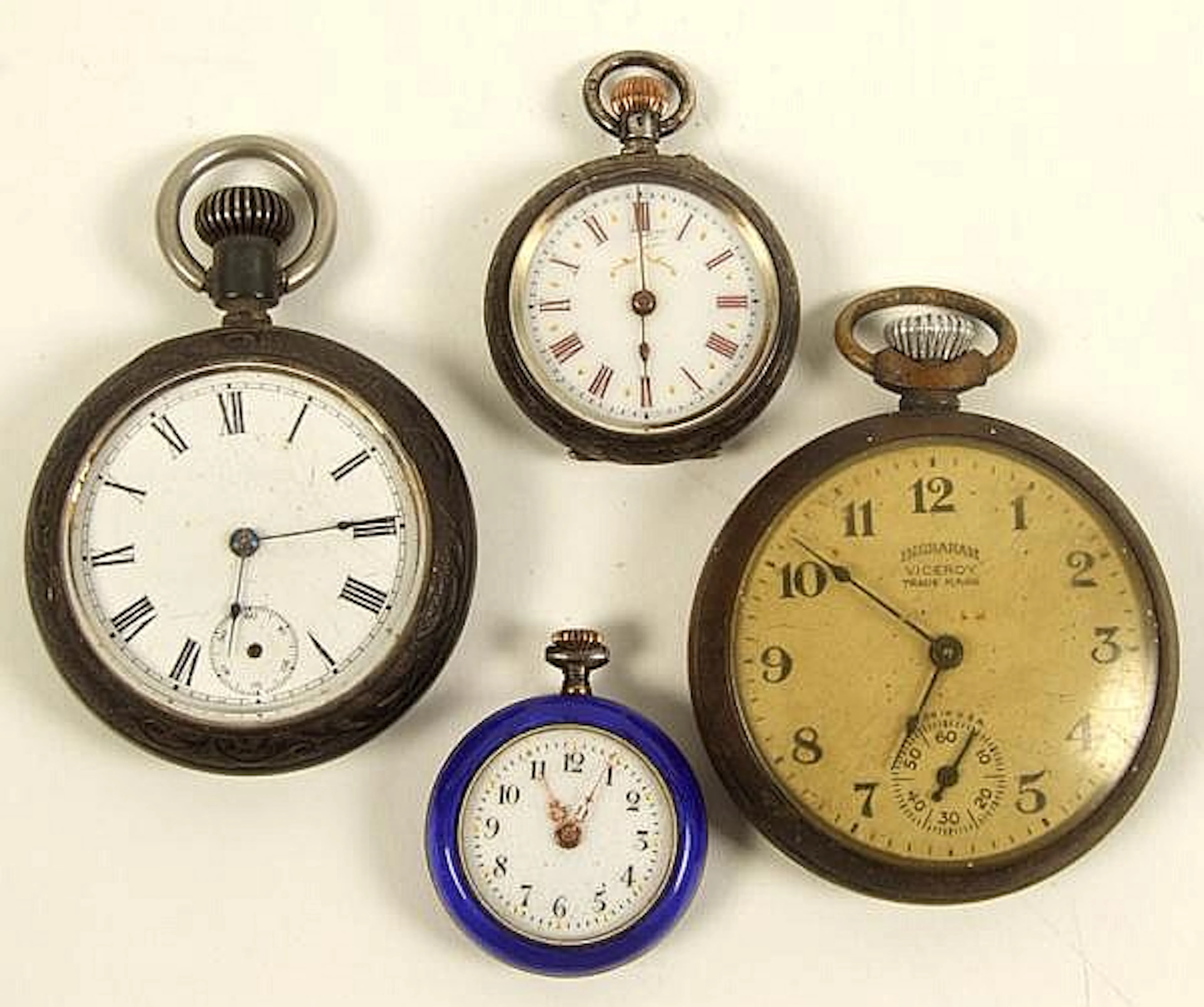 4PC STERLING & SILVER POCKET WATCH LOT This lot includes: (1) Ingraham Viceroy rusted case pocket watch. (1) Sterling England Watch Co. ''Rugby - 32635'' pocket watch. Size: 1 5/8''diam. not working. 