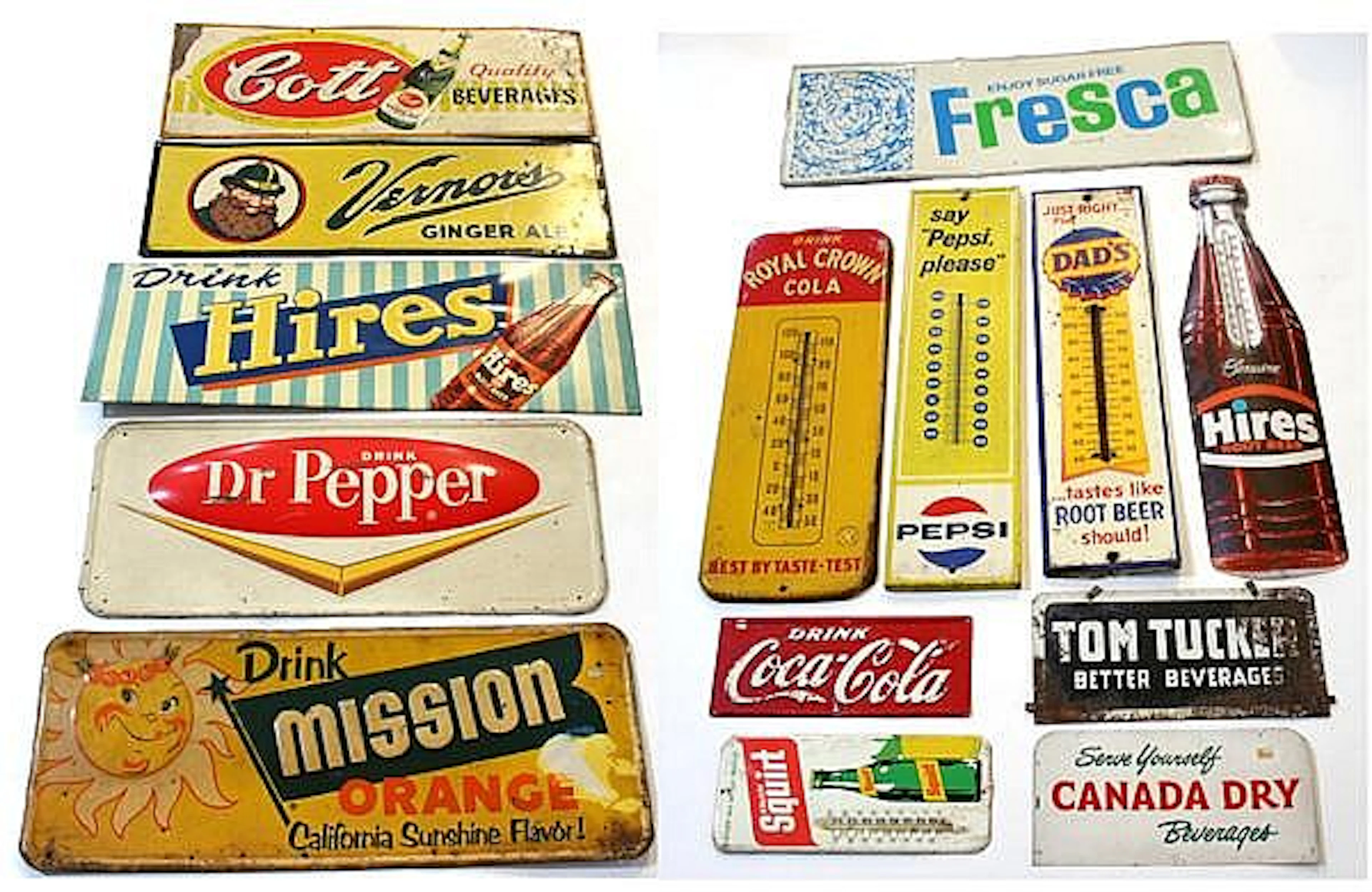 SOFT DRINK ADVERTISING SIGNS LOT 15 PIECES. Lot includes: (1) Tom Tucker Better Beverages sign, double sided. 7''H, 14 3/4''W. (heavy rust). (1) Canada Dry Serve Yourself Beverages, 6 1/2''H, 13 1/2''