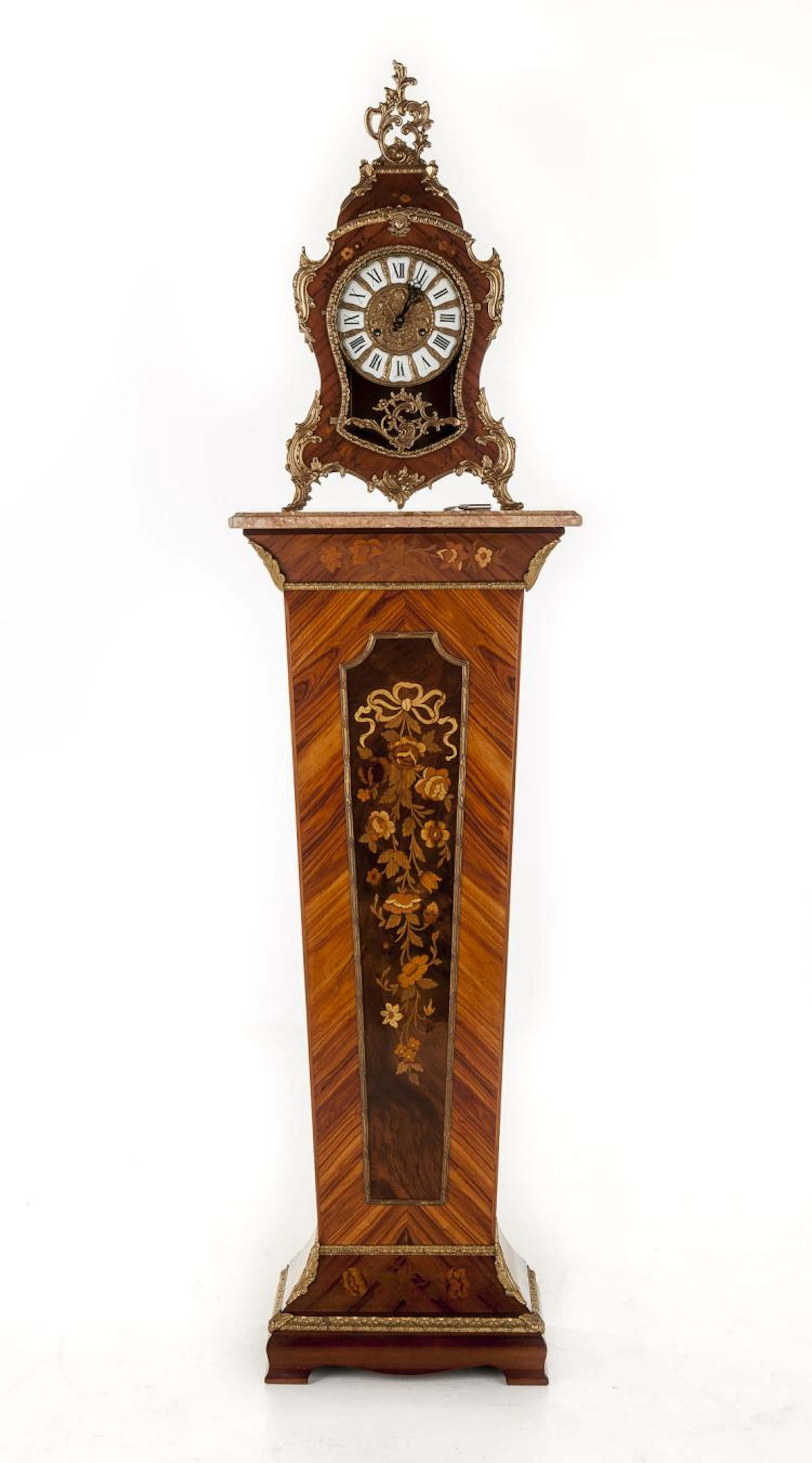 Louis XIV Style Inlaid Mantle Clock & Pedestal