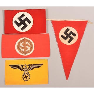 Lot of (3) Nazi armbands plus a pennant and an NS-RKB cuff title