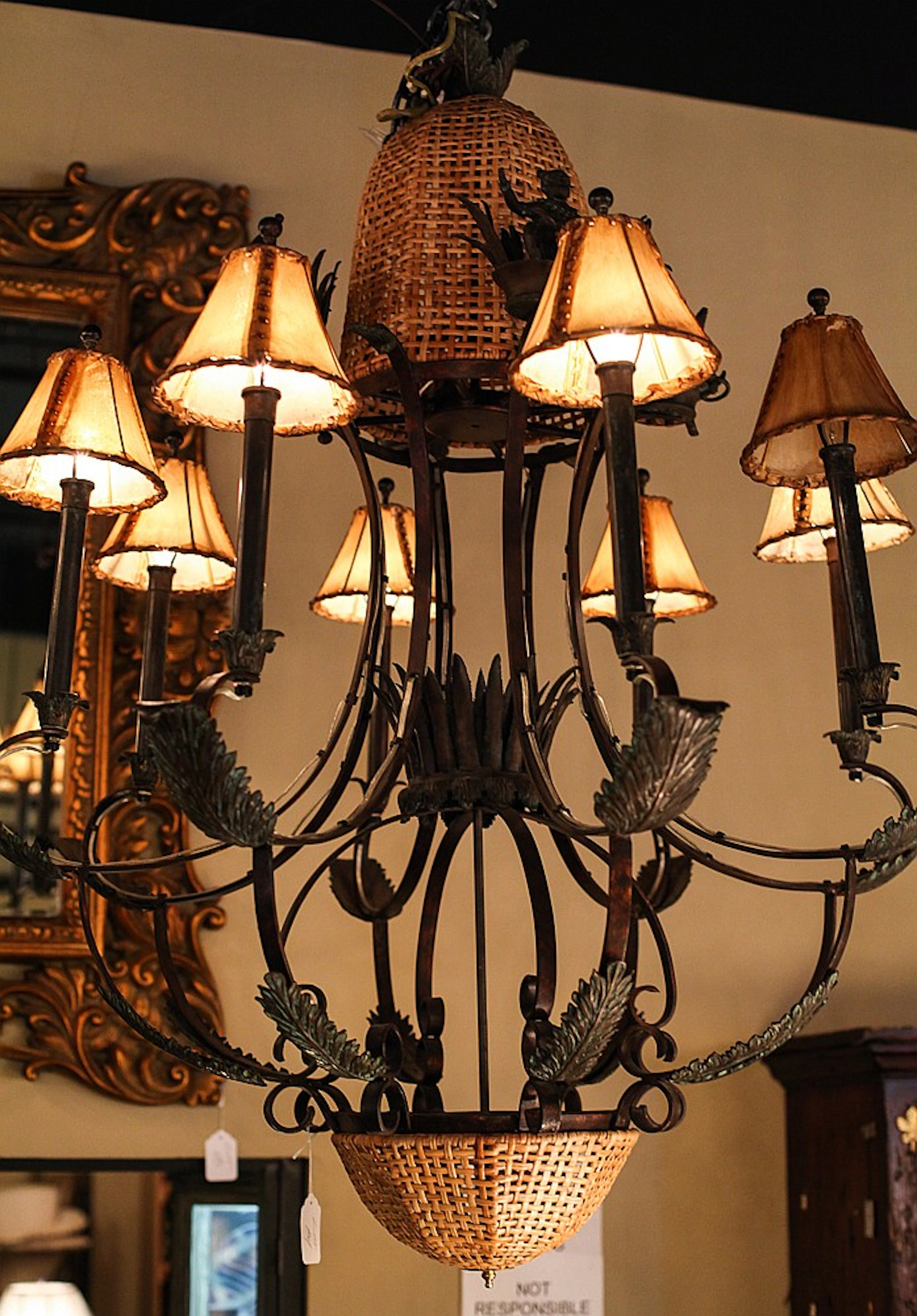 Maitland Smith Rattan and Painted Foliate Style Chandelier