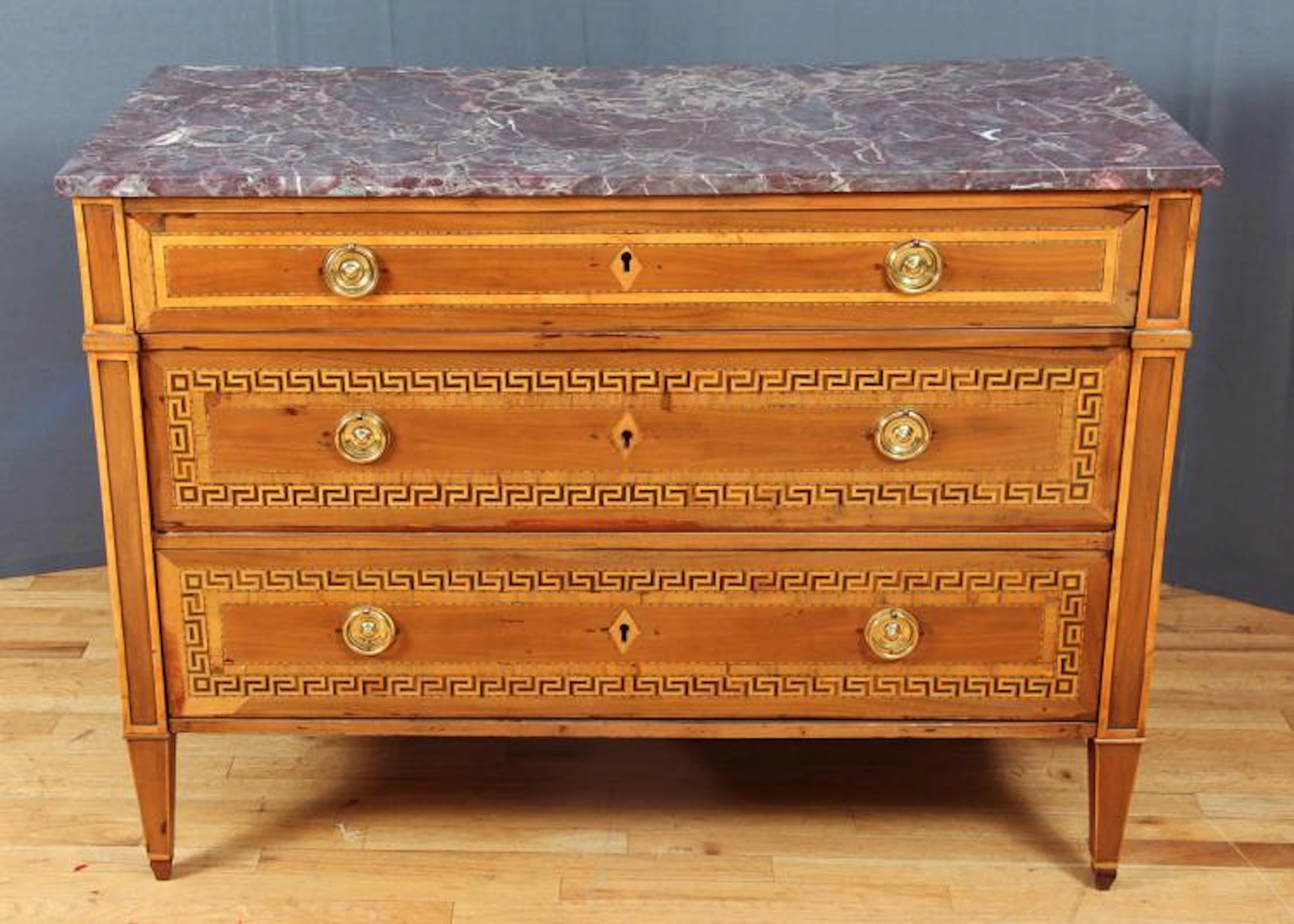 Elaborately Inlaid Three Drawer Antique Chest
