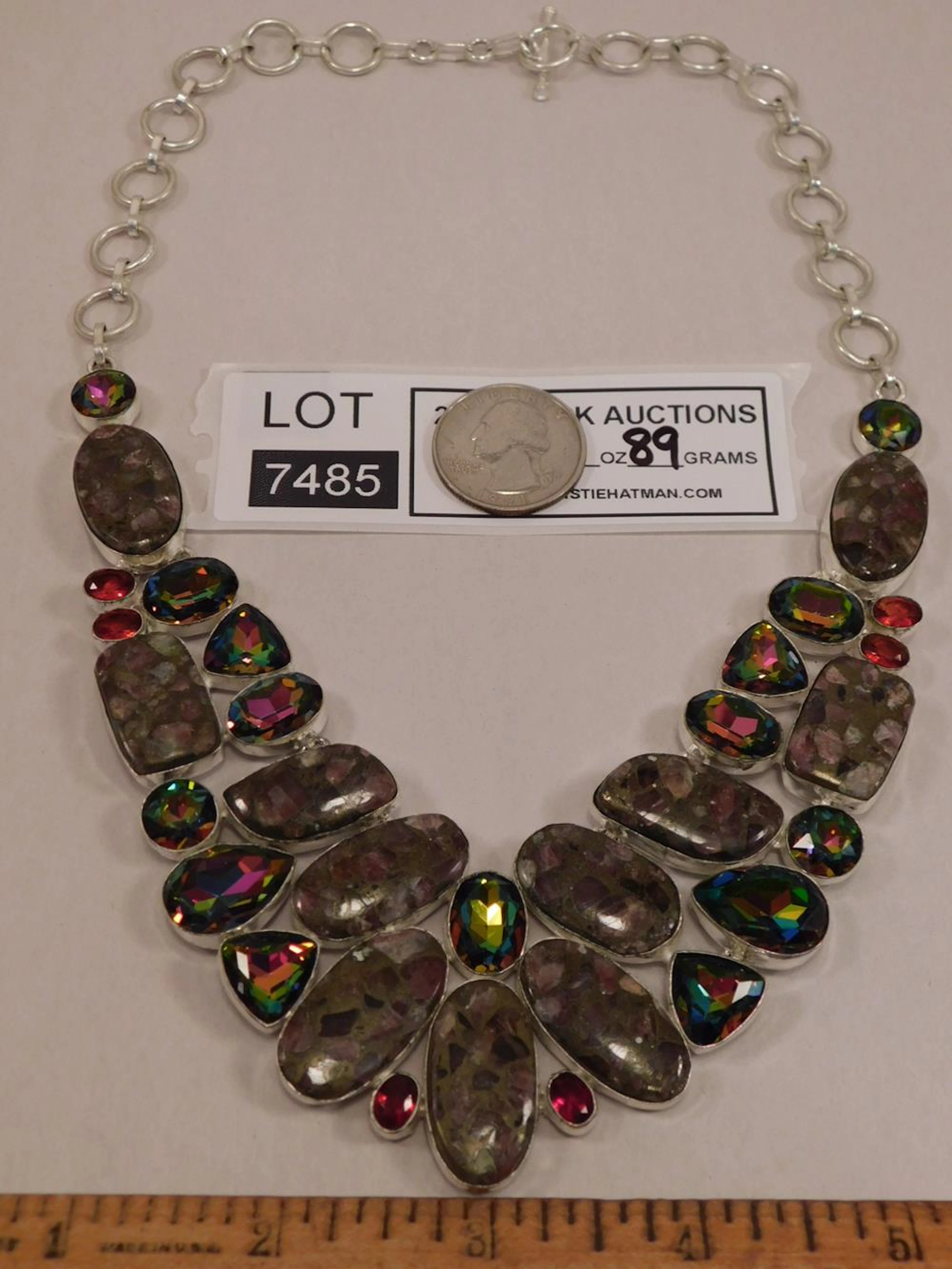 COPPER LEPIDOLITE AND RAINBOW TOPAZ GENUINE STONE STERLING SILVER NECKLACE