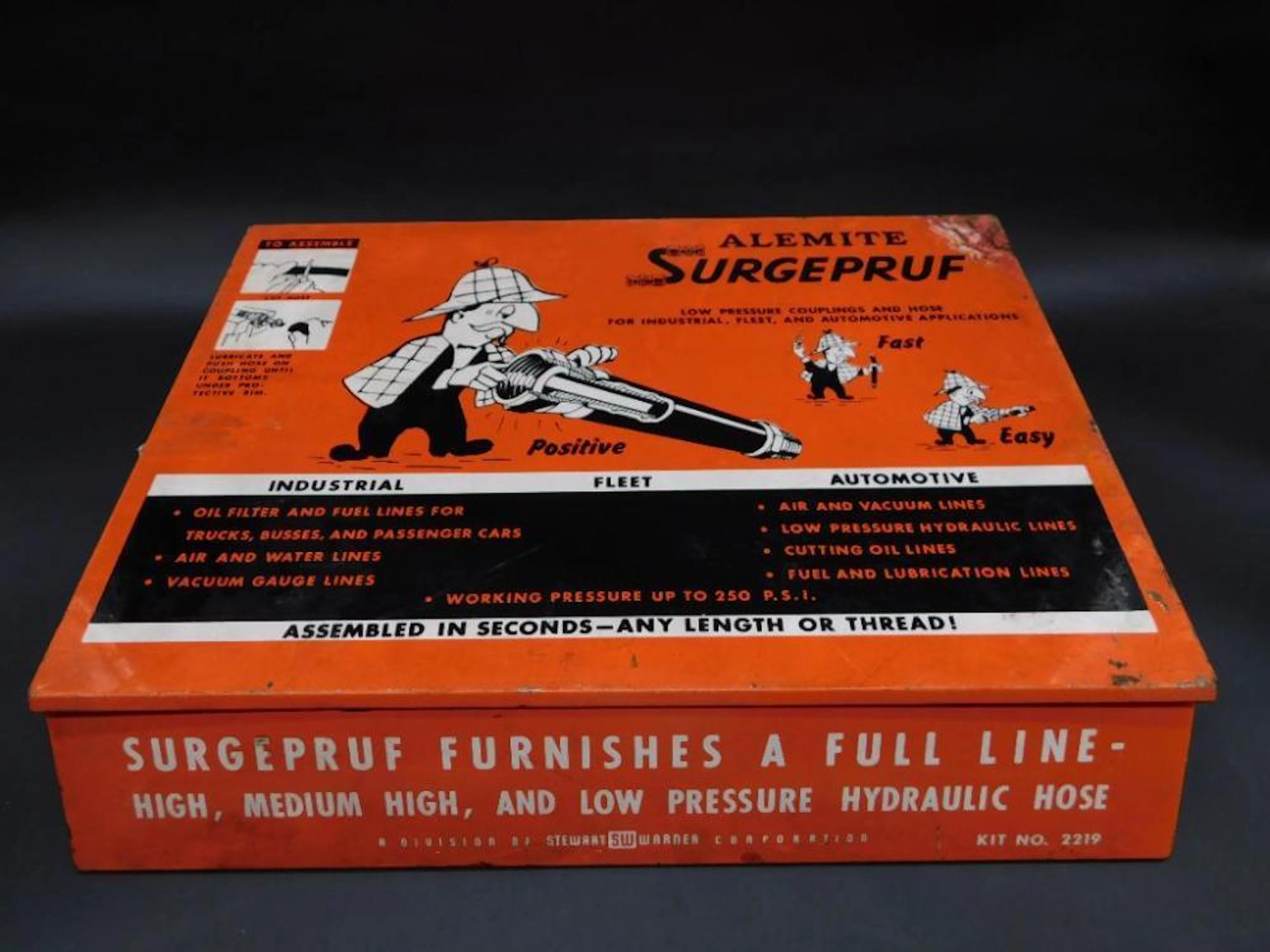 ALEMITE SURGEPRUF HYDRAULIC HOSE METAL SALESMAN TIN VINTAGE ANTIQUE