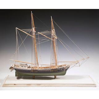 TWO MAST TOPSAIL SCHOONER, ON STAND & PLATE, NO CASE