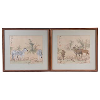 PAIR OF 20TH C. JAPANESE PAINTINGS OF AFRICAN GAME ANIMALS