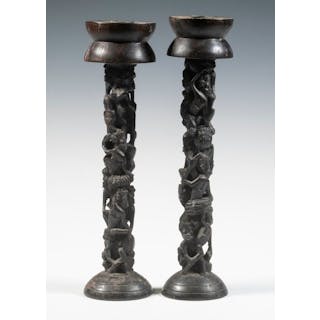 PAIR OF AFRICAN WOOD CANDLESTICKS