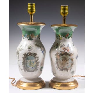 PAIR OF REVERSE GLASS DECOUPAGE TABLE LAMPS