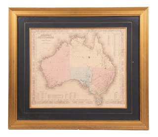 FRAMED HANDCOLORED MAP OF AUSTRALIA BY JOHNSON & WARD, 1863