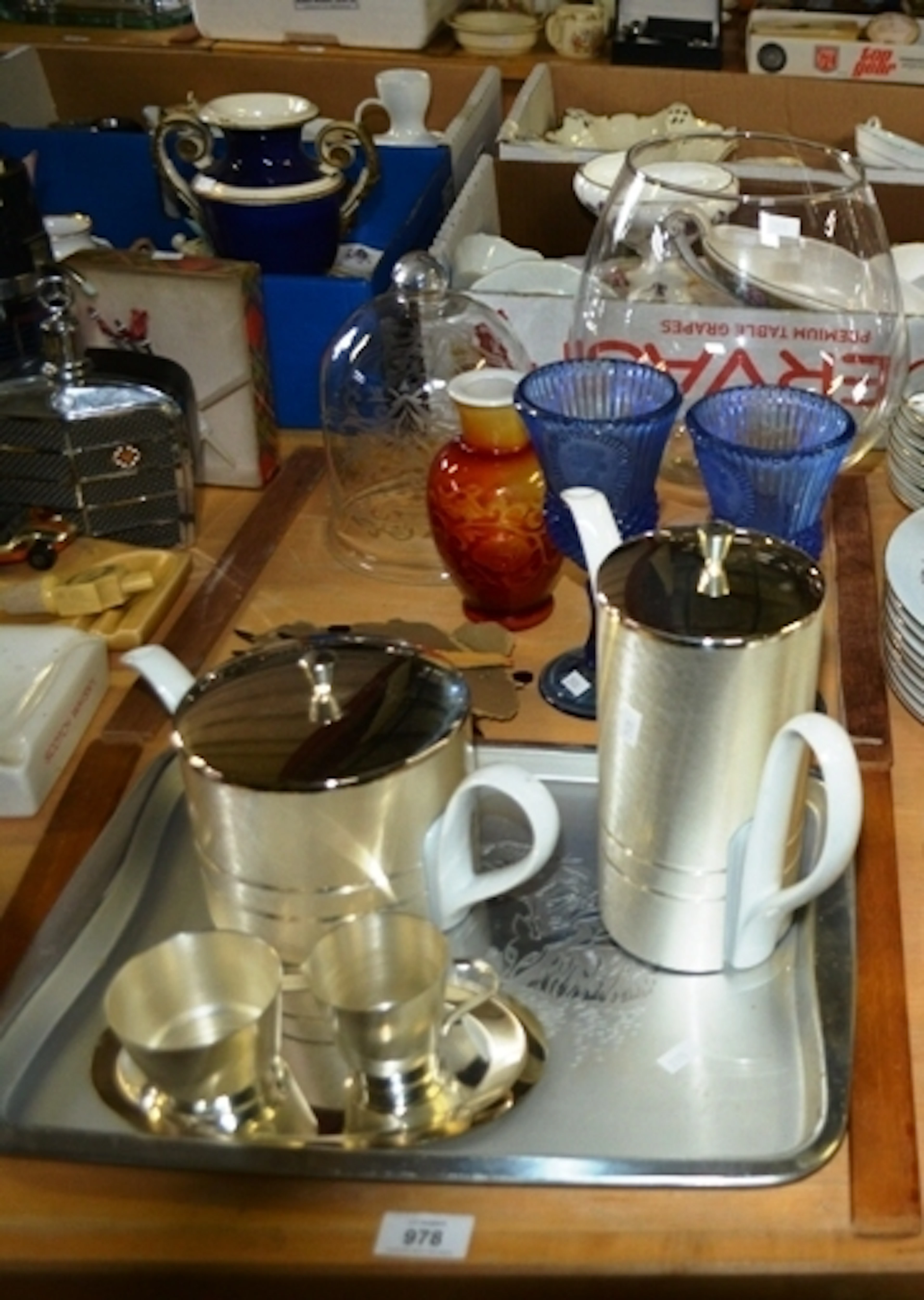 Anodised & ceramic tea service, blue glass goblets, large clear brandy balloon