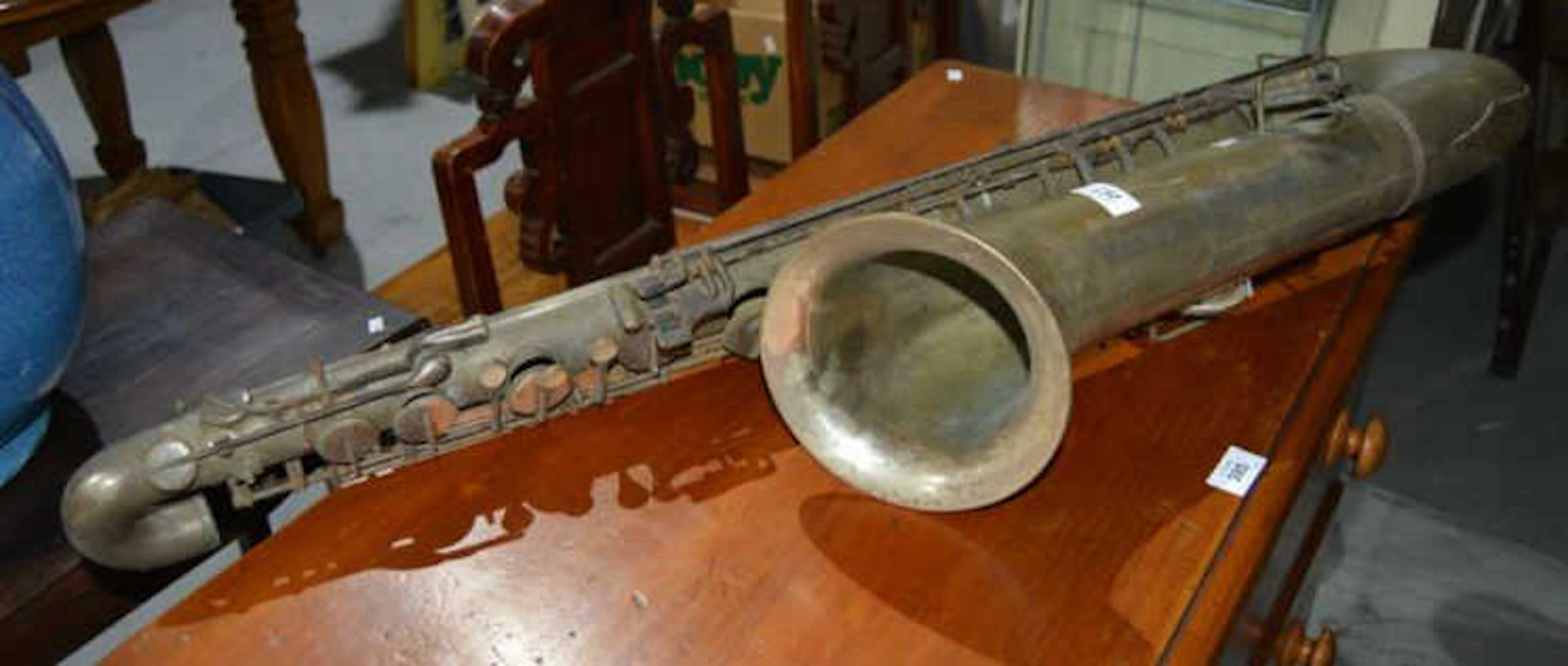 Antique Italian silver plate baritone saxophone