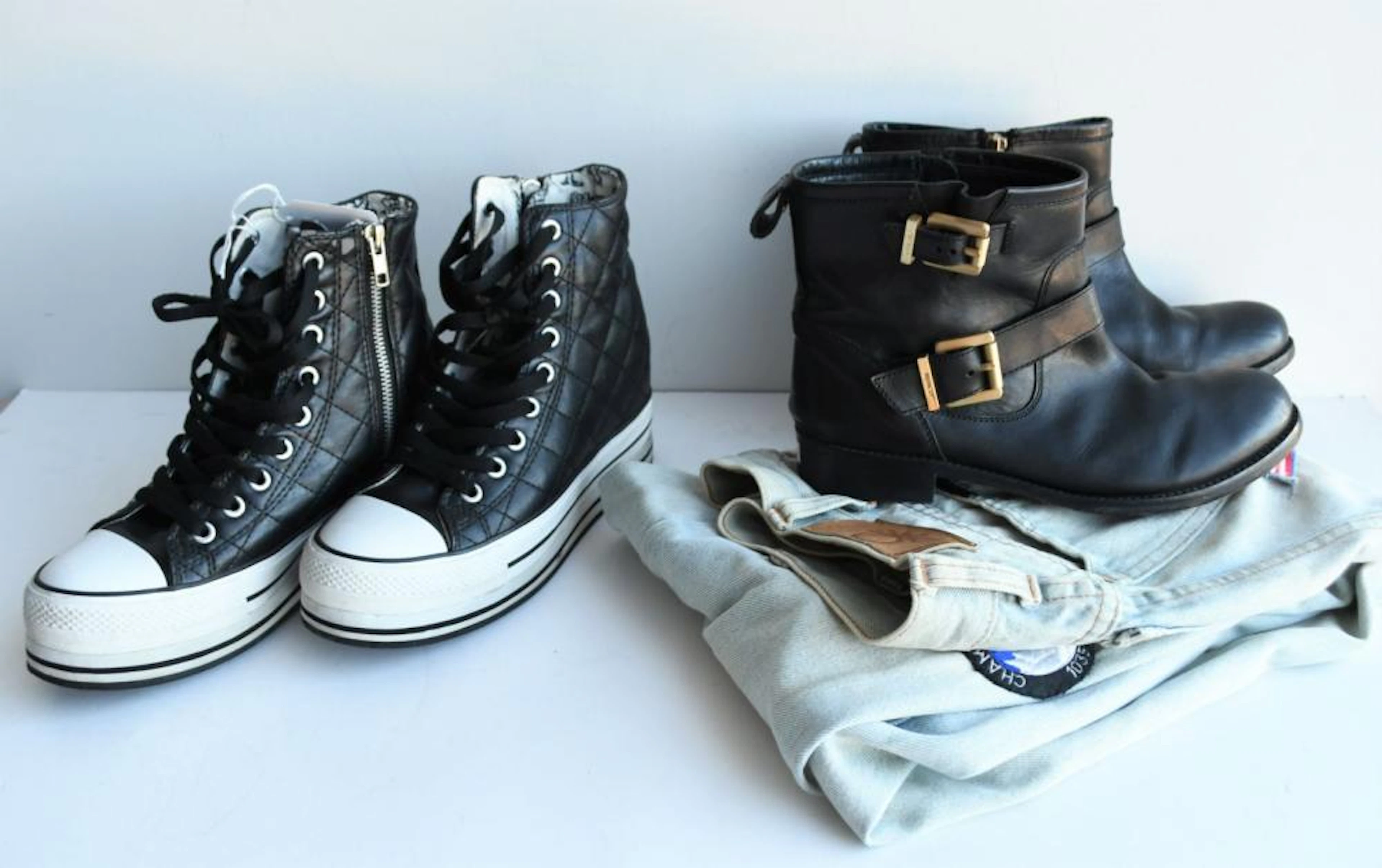 Three items incl. Mimco leather biker style boots