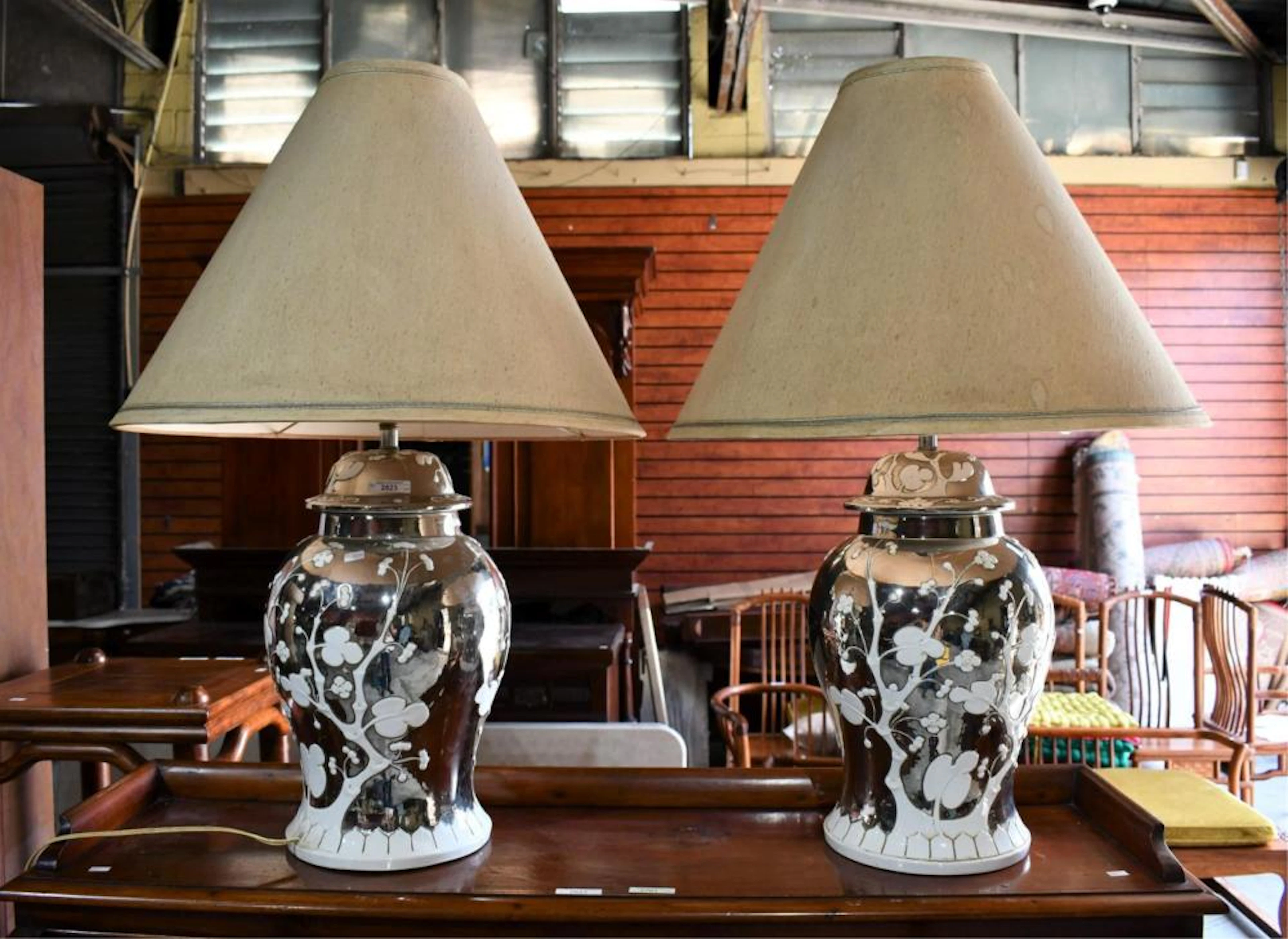 Pair of ornate table lamps in porcelain,