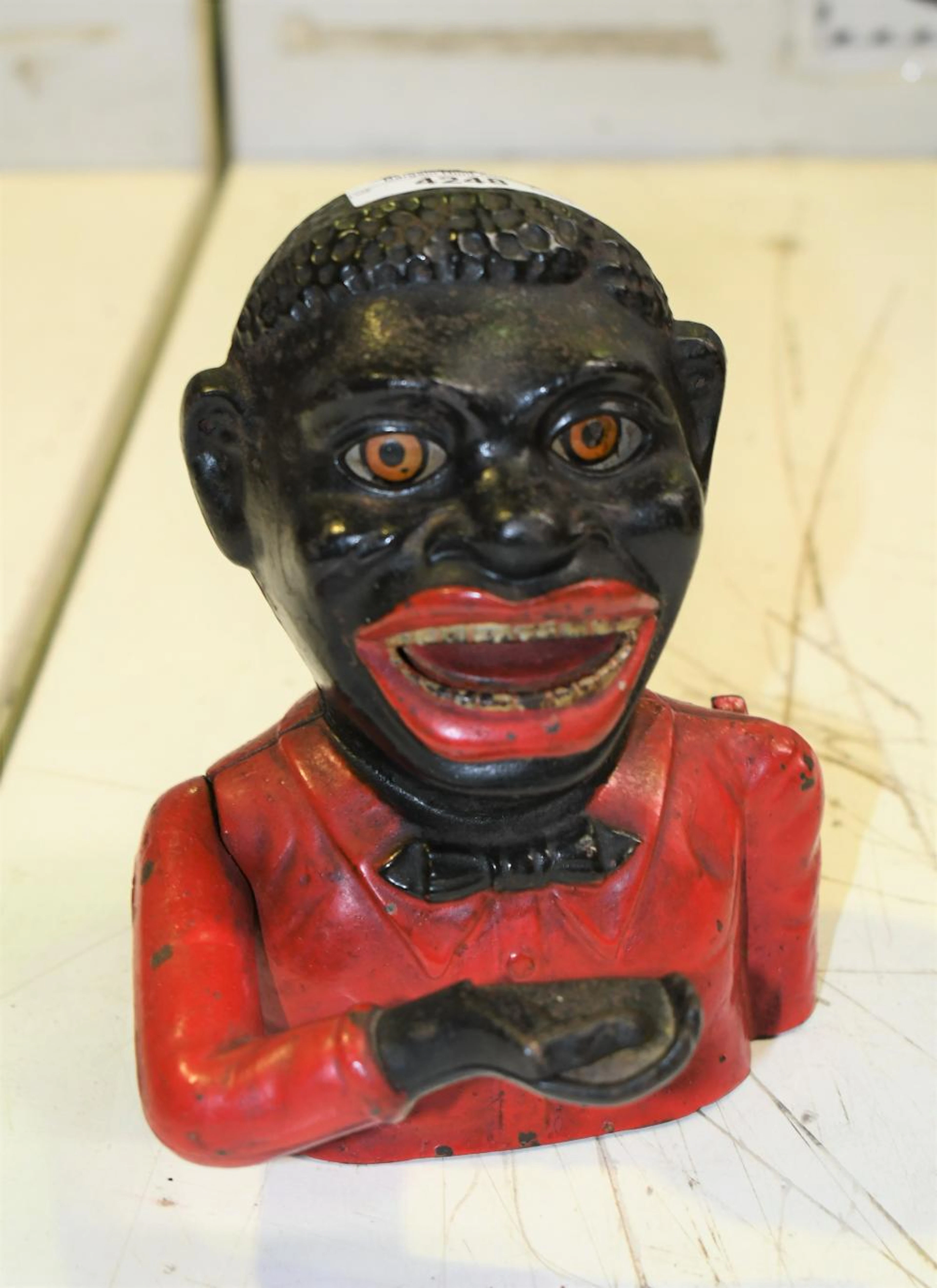 Vintage original cast iron American money bank, 17cm H