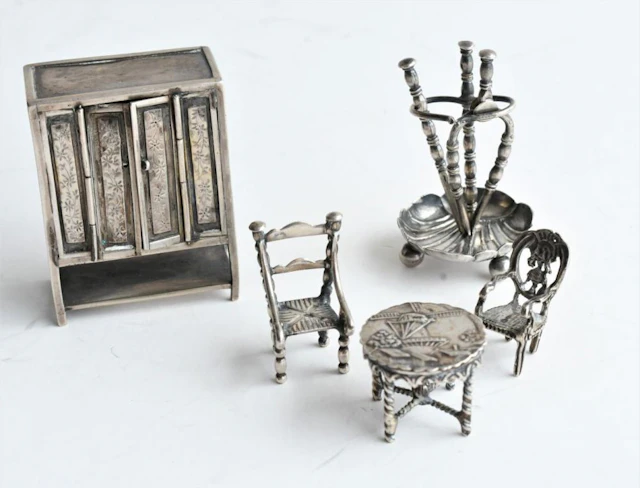 5 pieces early miniature silver furniture