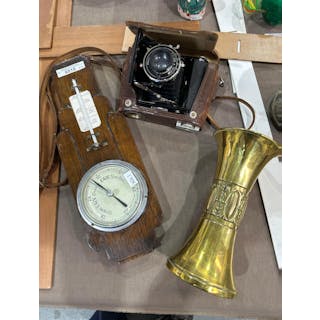 Timber barometer; Zeiss Icon camera in case; brass vase