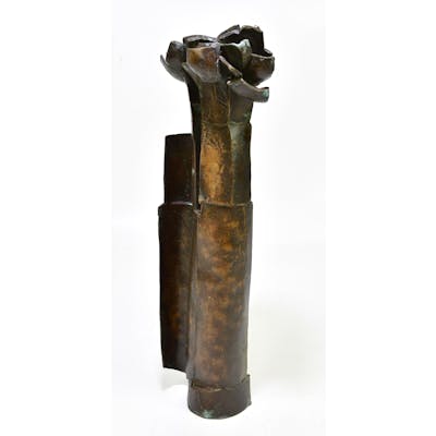 A solid bronze contemporary brutalist sculpture of flowers. height 47cm.