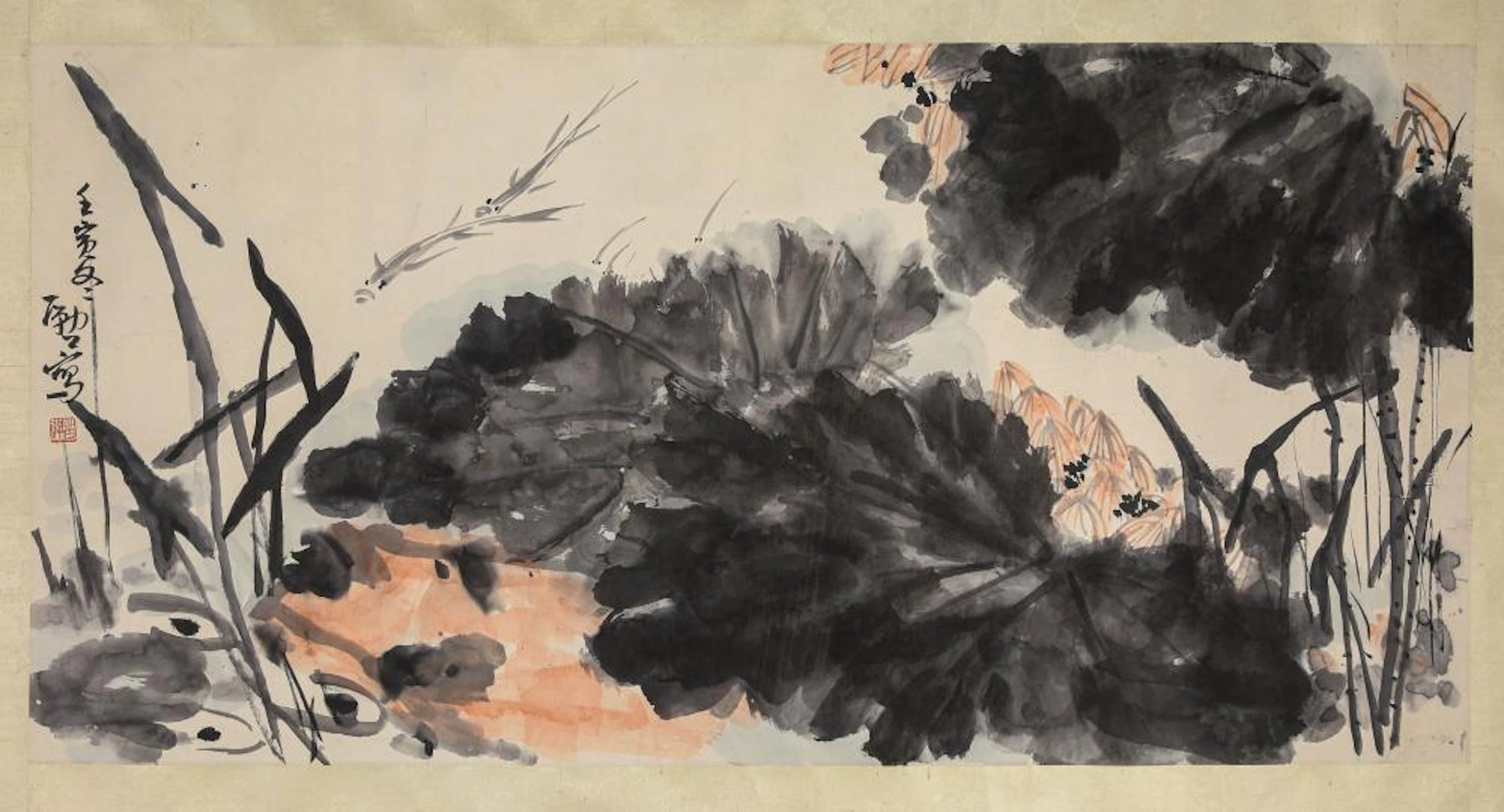 A Chinese Lotus Pond Painting, Ink And Color On Paper, Li Kuchan Mark