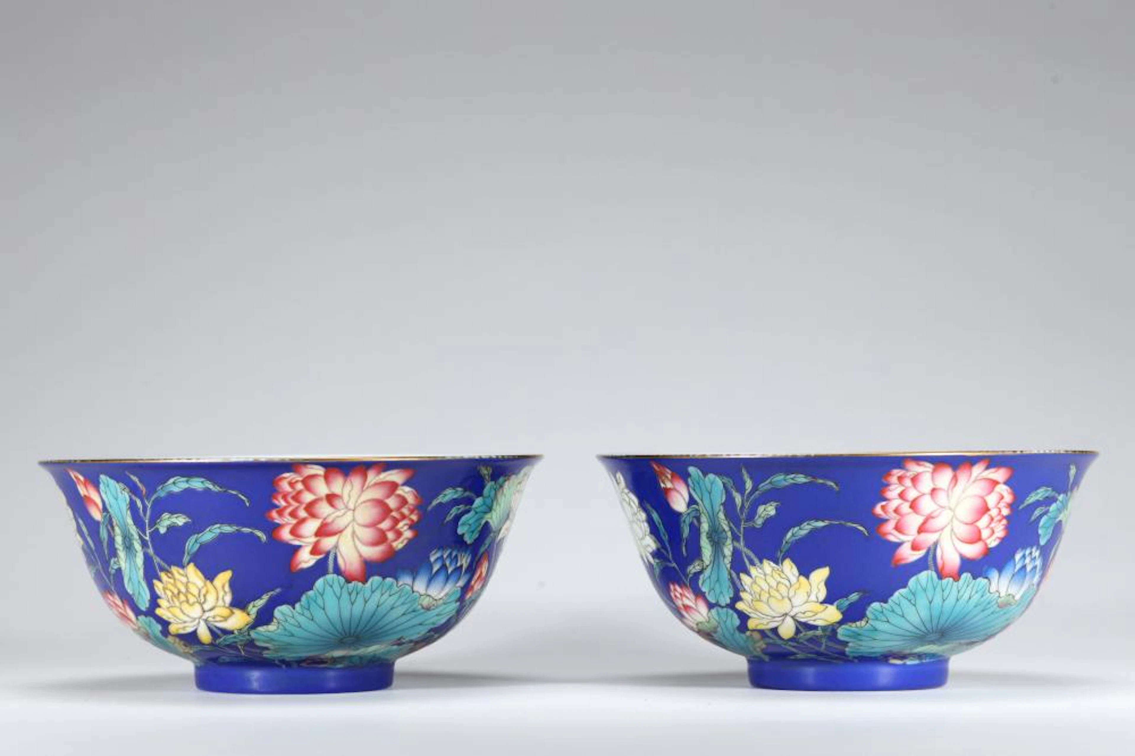 A PAIR OF BLUE GROUND FALANGCAI LOTUS POND BOWLS