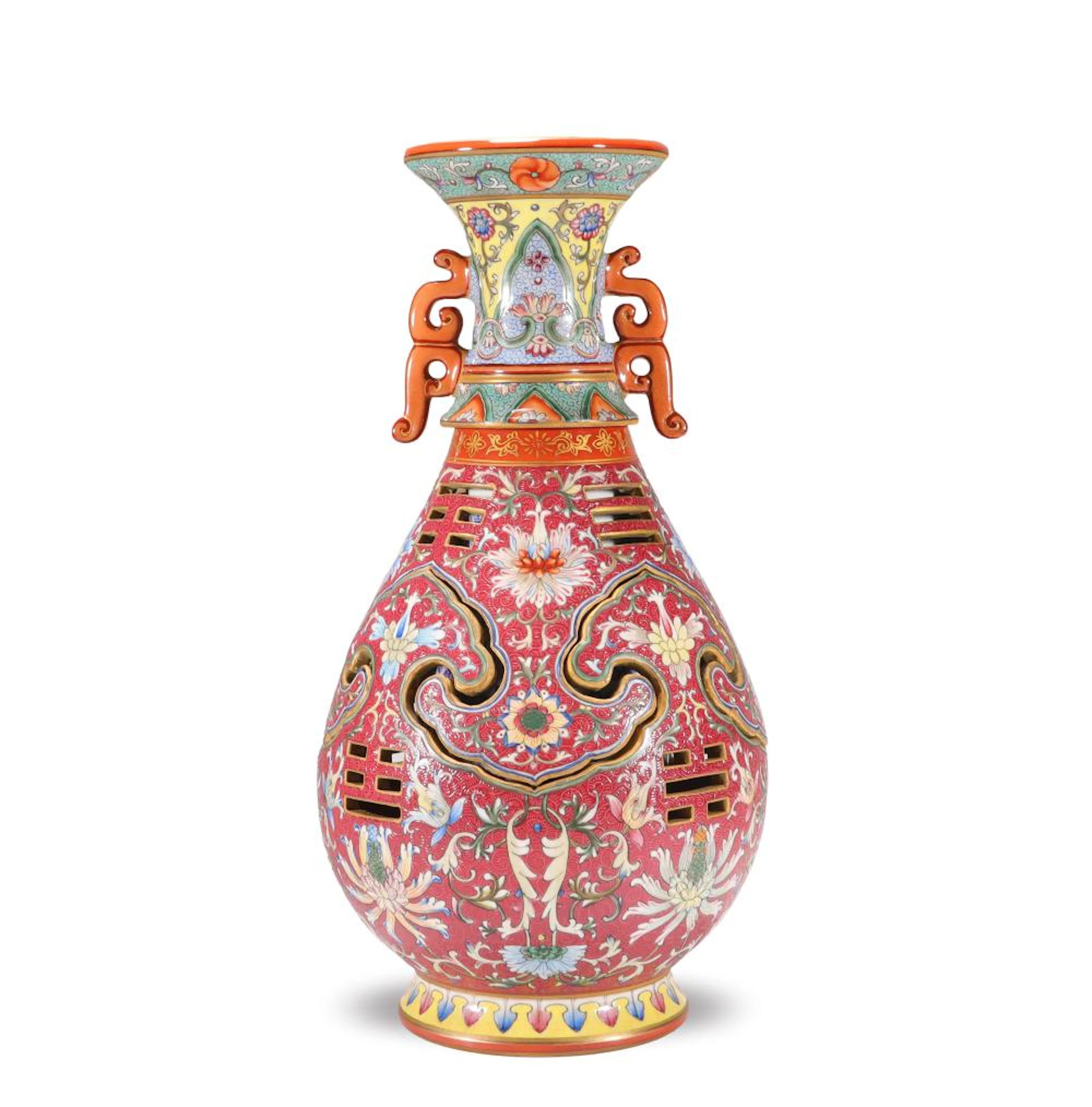 A YANGCAI PURPLE GLAZE ROTATING VASE