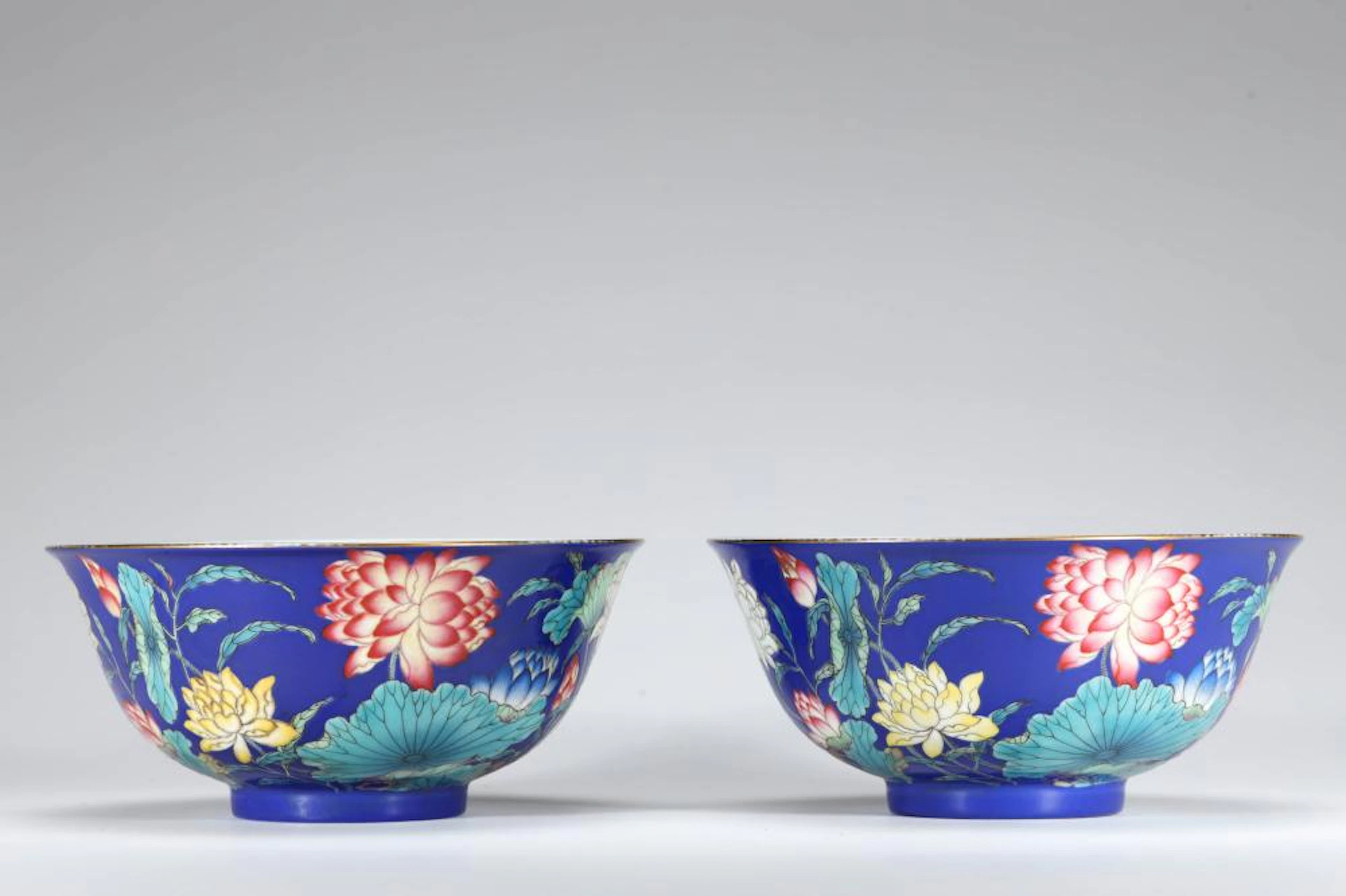 A PAIR OF BLUE GROUND FALANGCAI LOTUS POND BOWLS