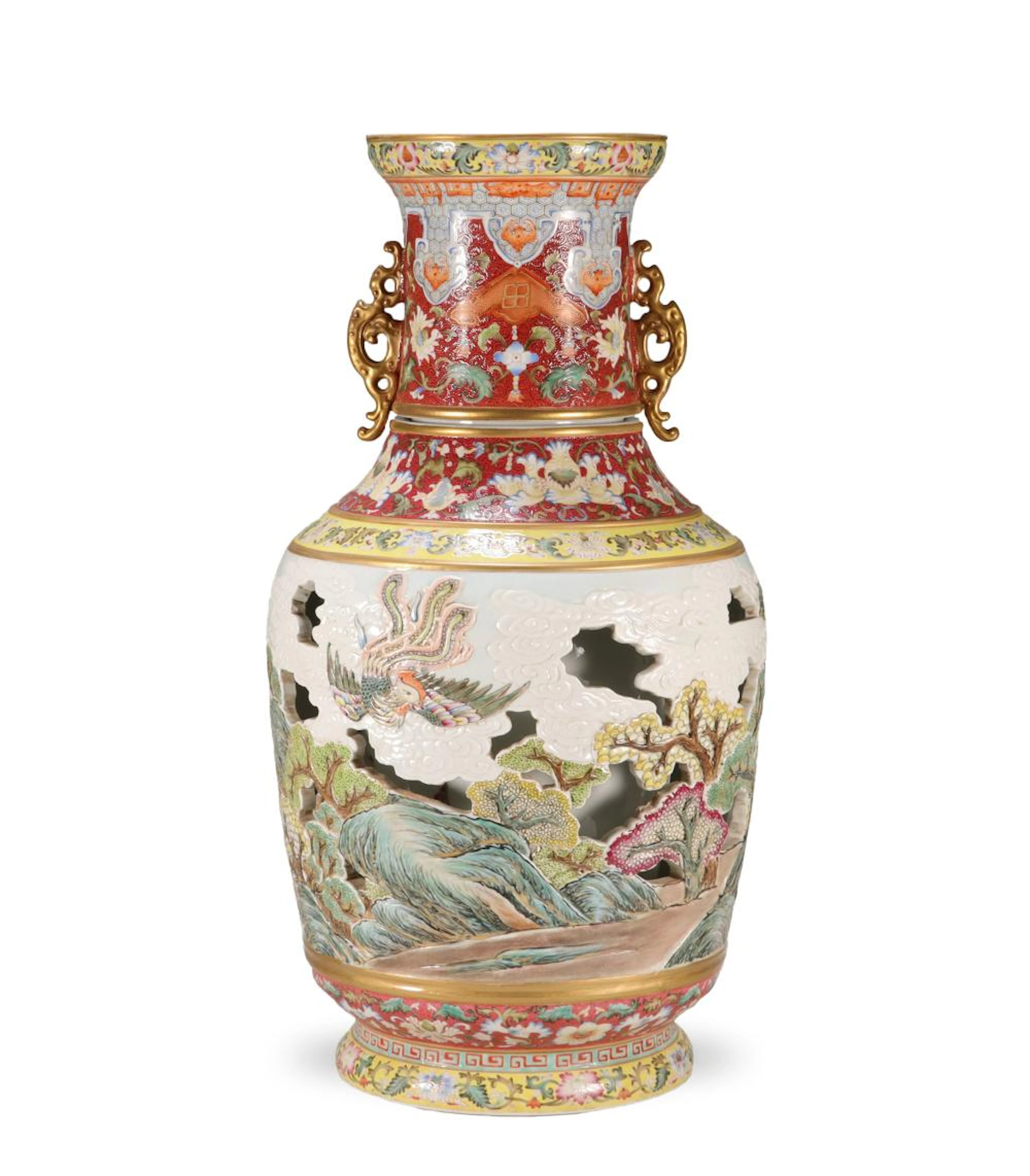 A YANGCAI OPENWORK PHOENIX AND BIRD DOUBLE-EARED ROTATING VASE