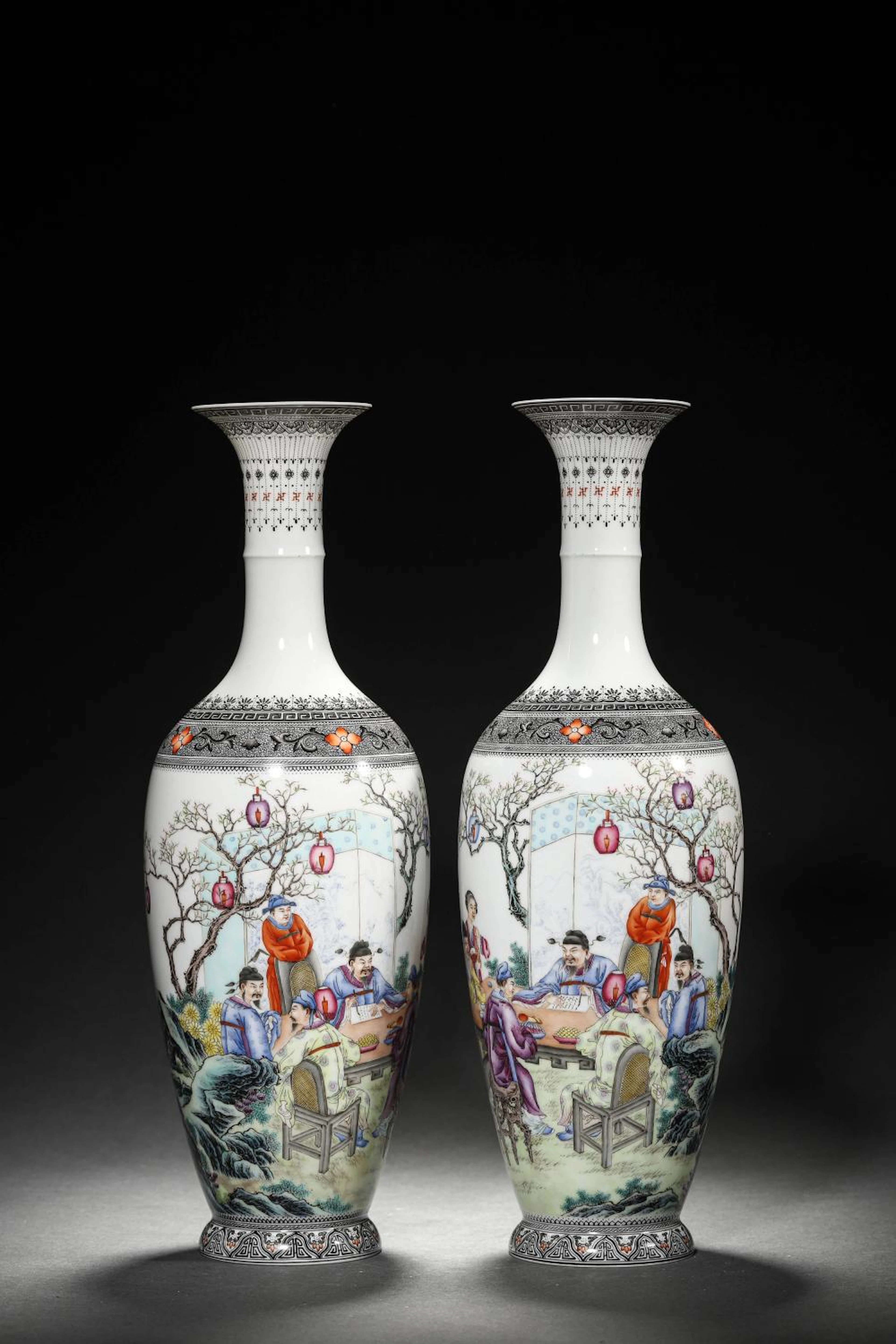 A PAIR OF FALANGCAI PAINTED ENAMEL FIGURE STORY VASES, QIANLONG MARK