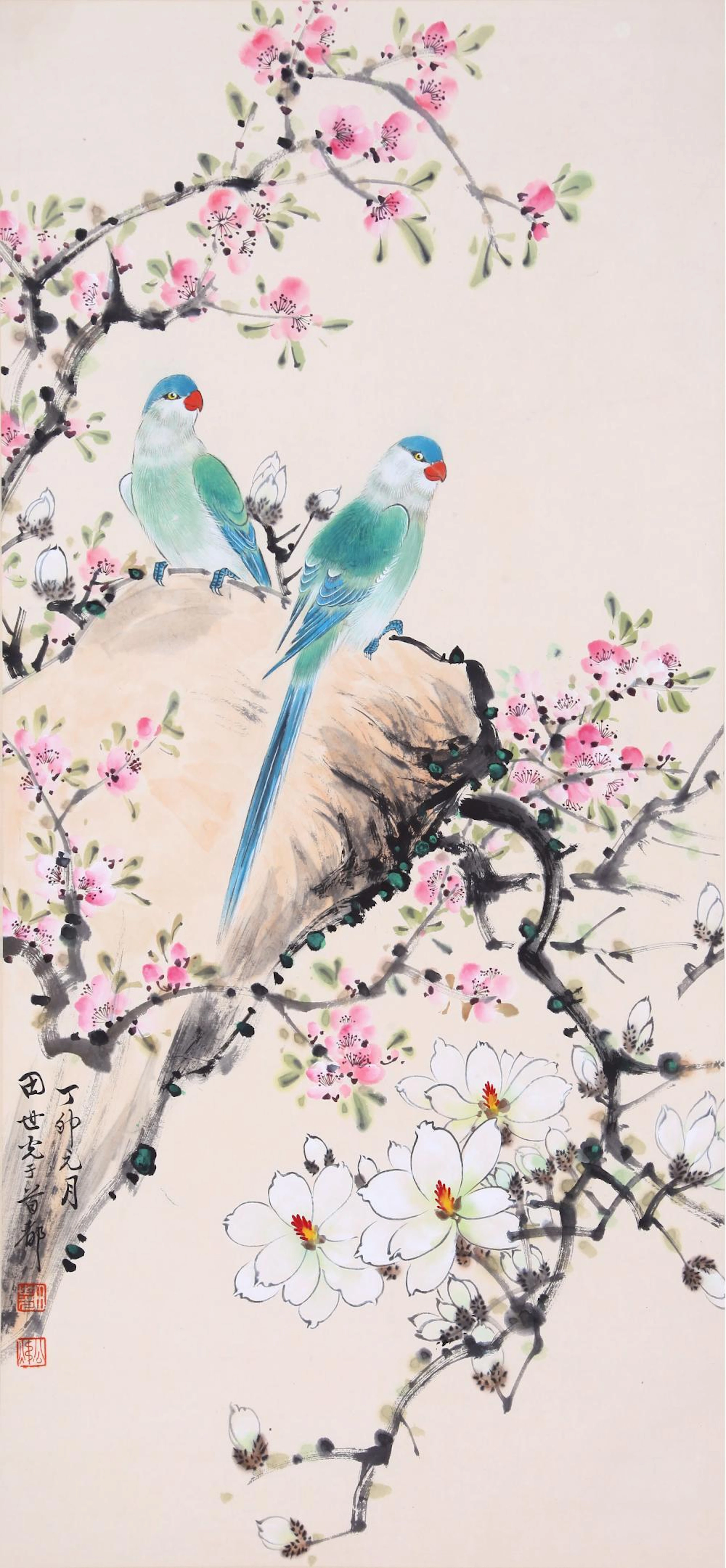 TIAN SHIGUANG, ATTRIBUTED TO, PEACH BLOSSOM AND PARROT