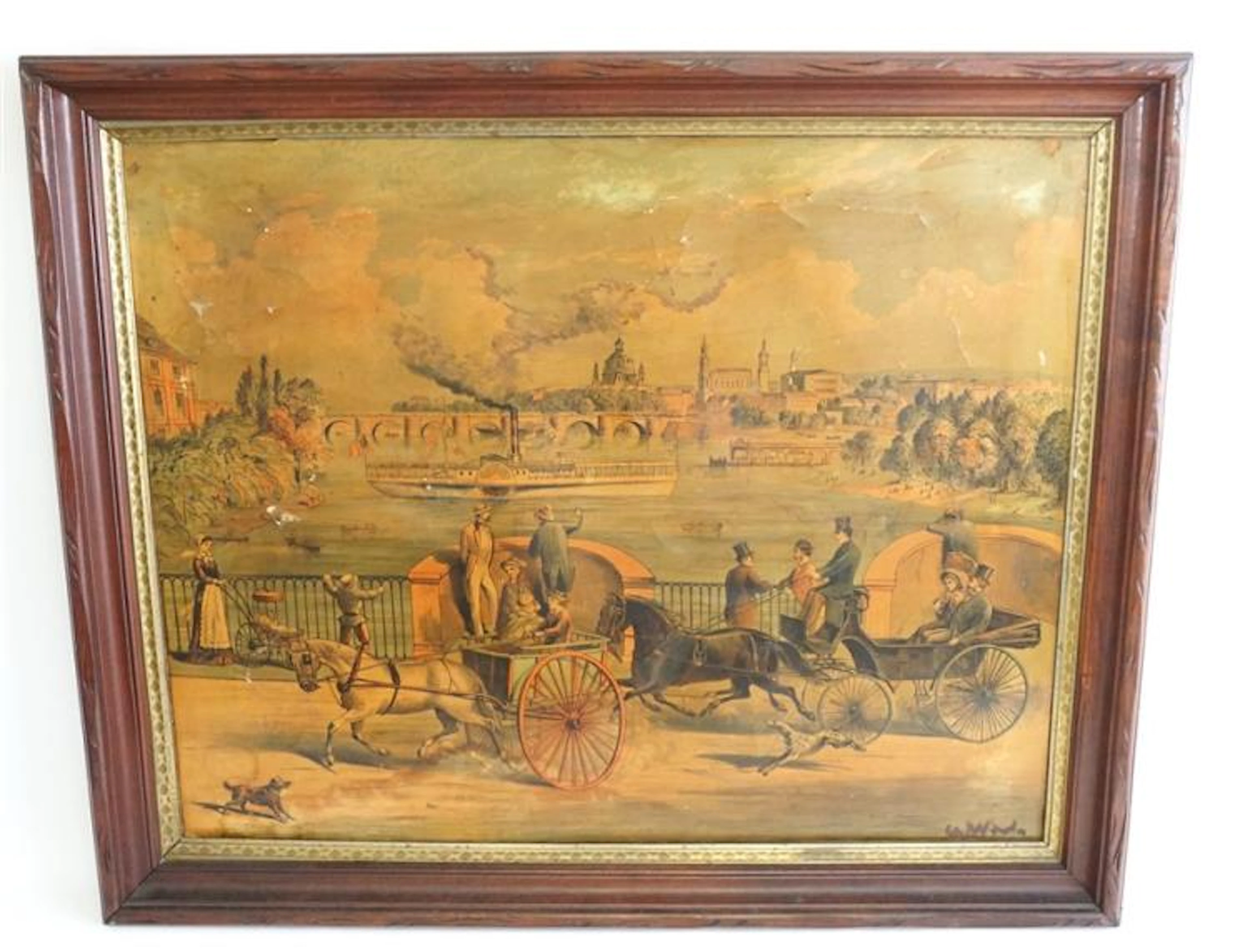 LARGE ANTIQUE FRAMED COLLAGRAPH ON CANVAS