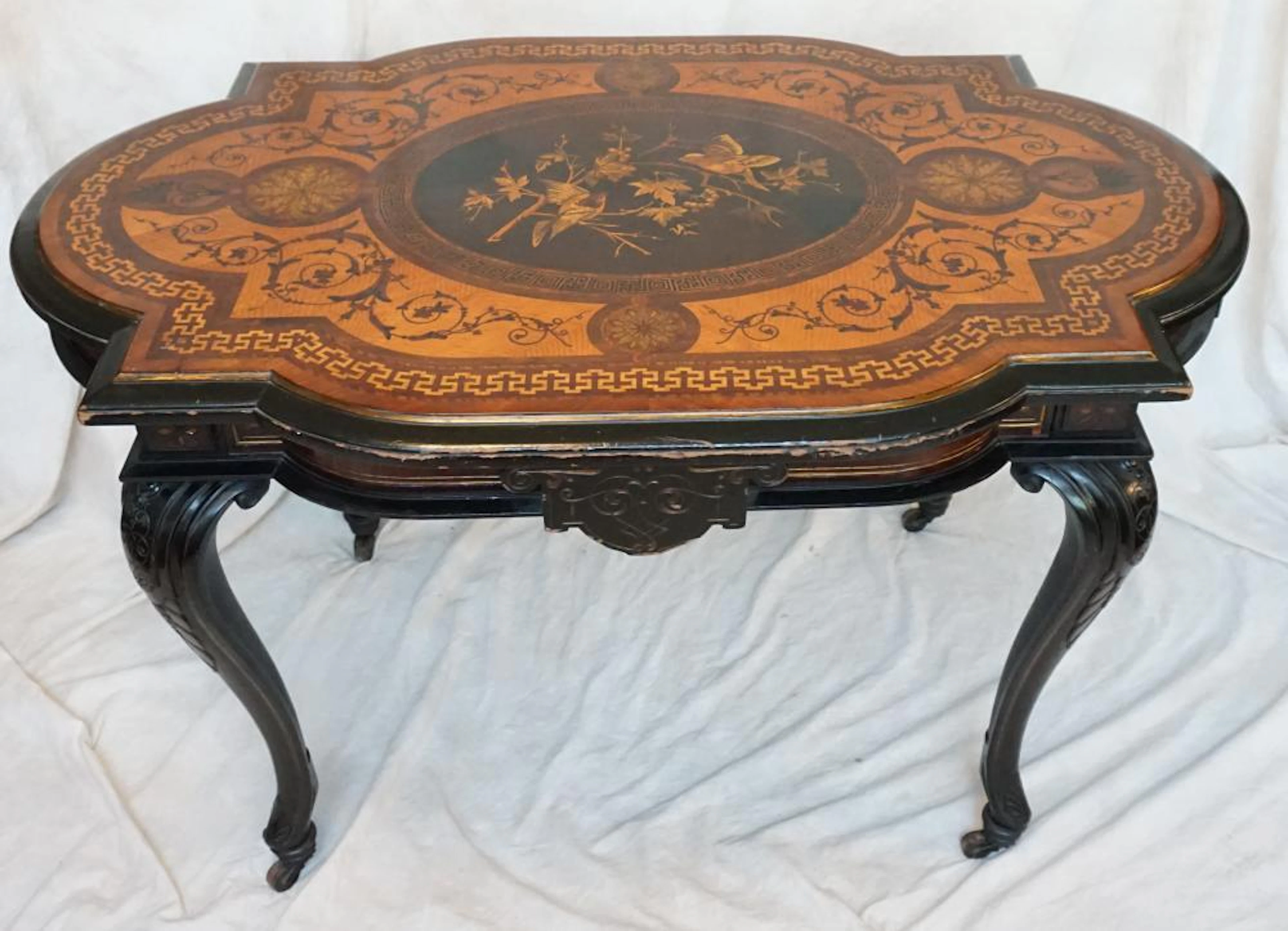 VICTORIAN INLAID EBONIZED + FRUITWOOD TABLE