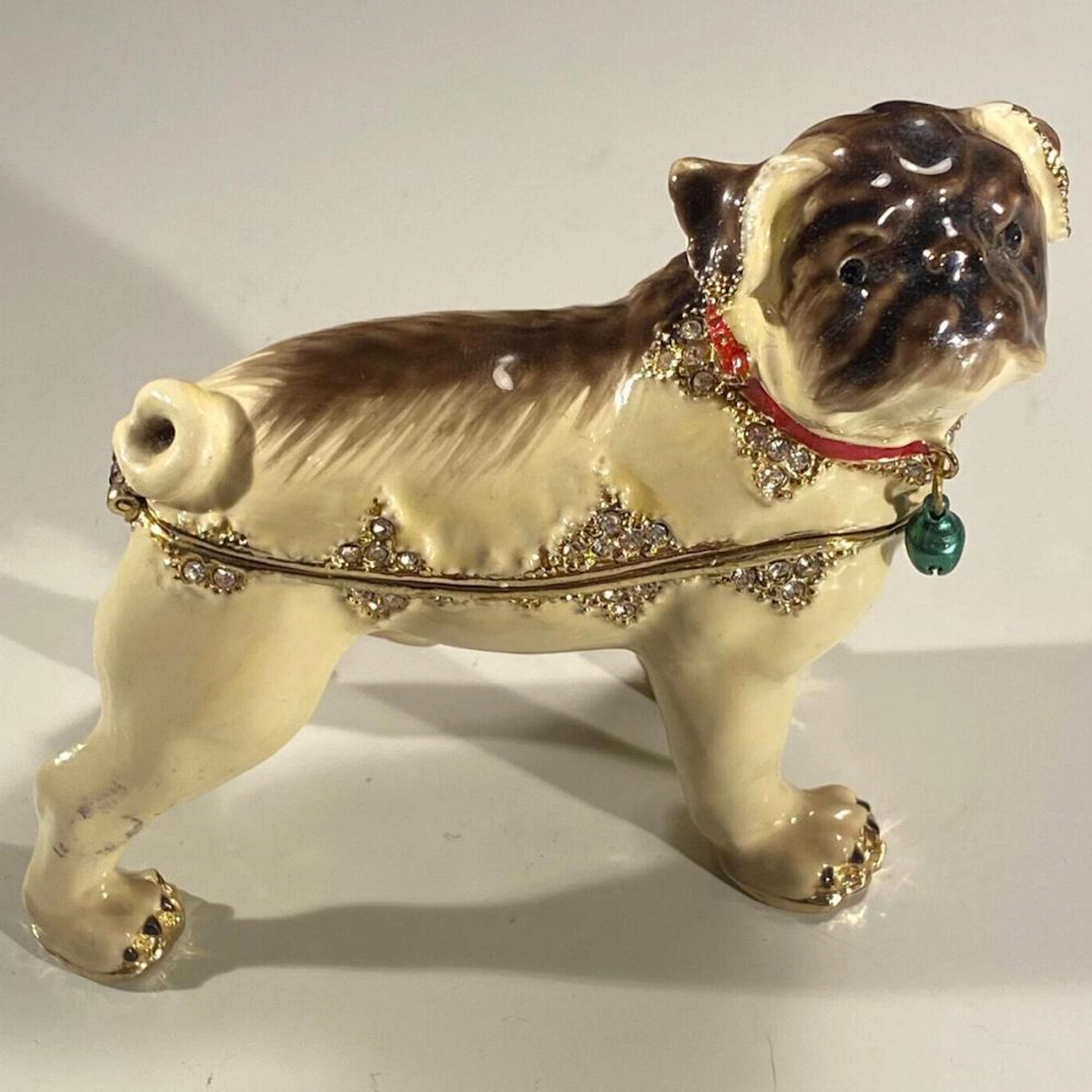 Enameled Pug Bull Dog Trinket Box Jeweled Cloisonne Style Hinged Figurine