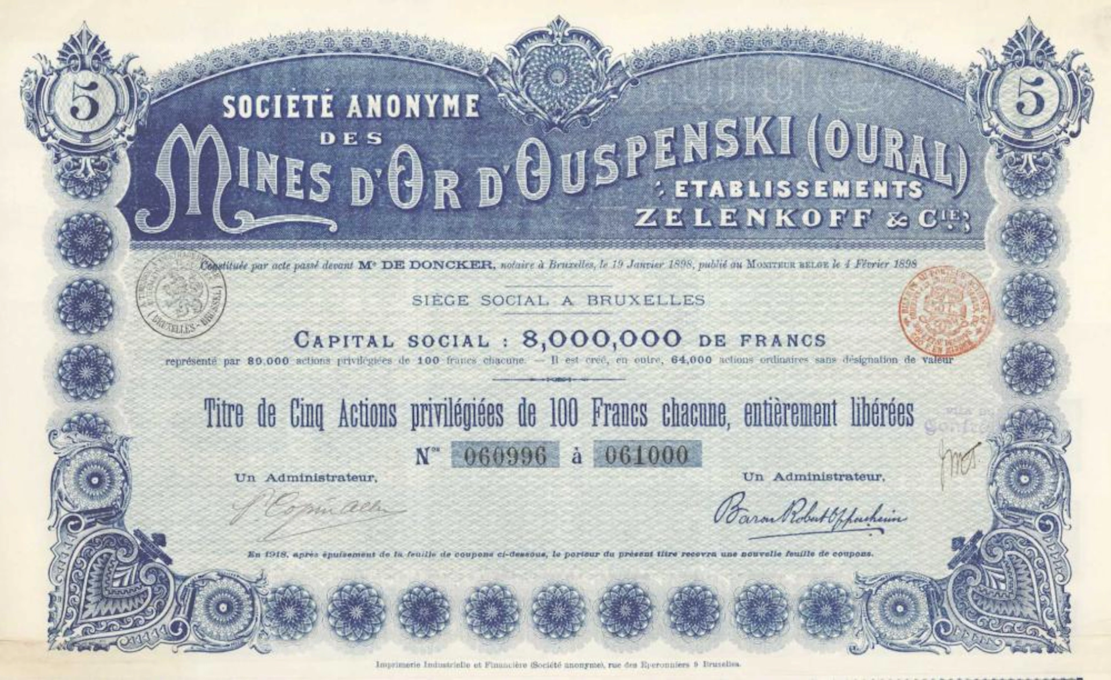 MINES D'OR D'OUSPENSKI (OURAL) "ETS. ZELENKOFF & CIE", S.A. DES
