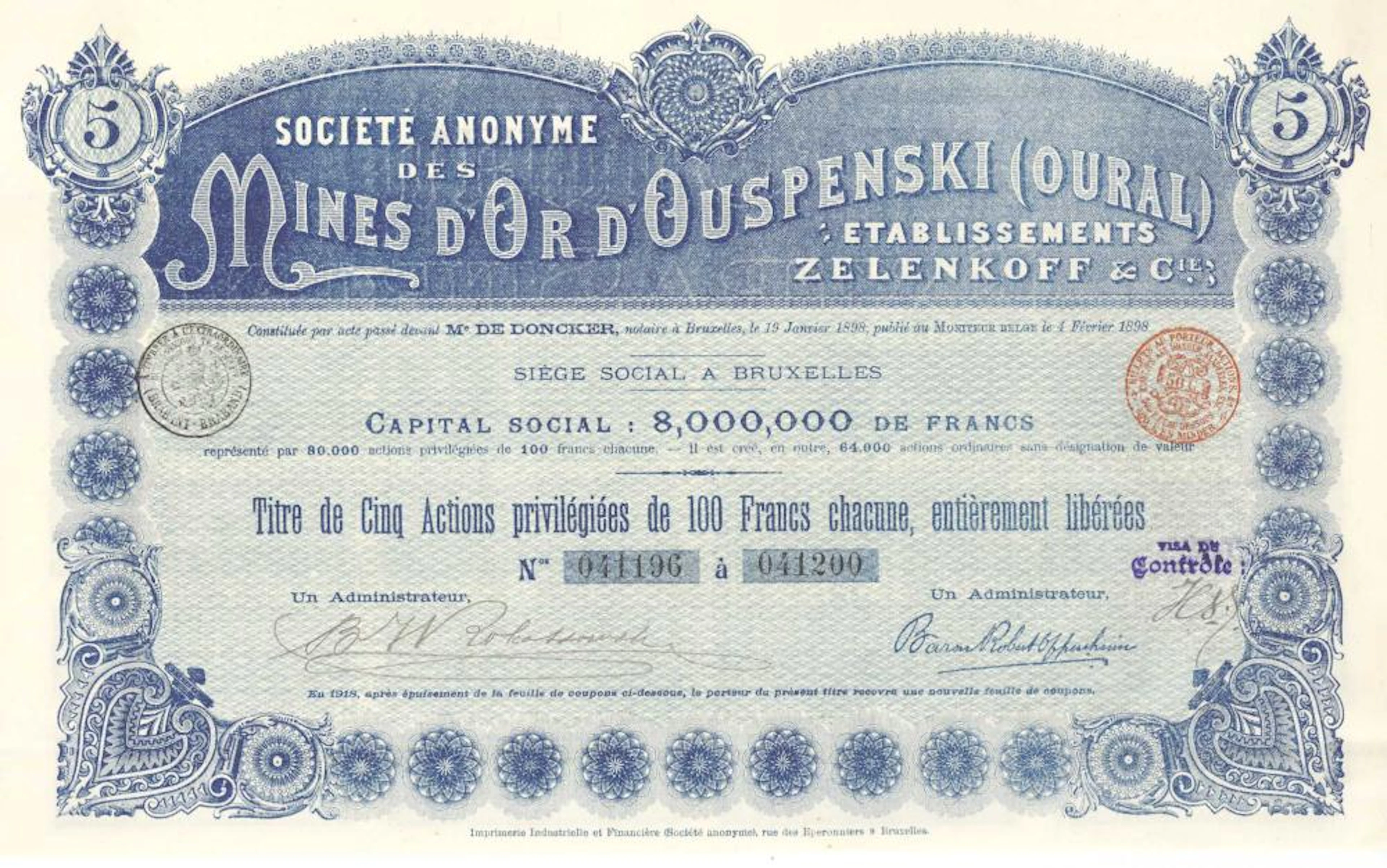 MINES D'OR D'OUSPENSKI (OURAL) "ETS. ZELENKOFF & CIE", S.A. DES (3 types)