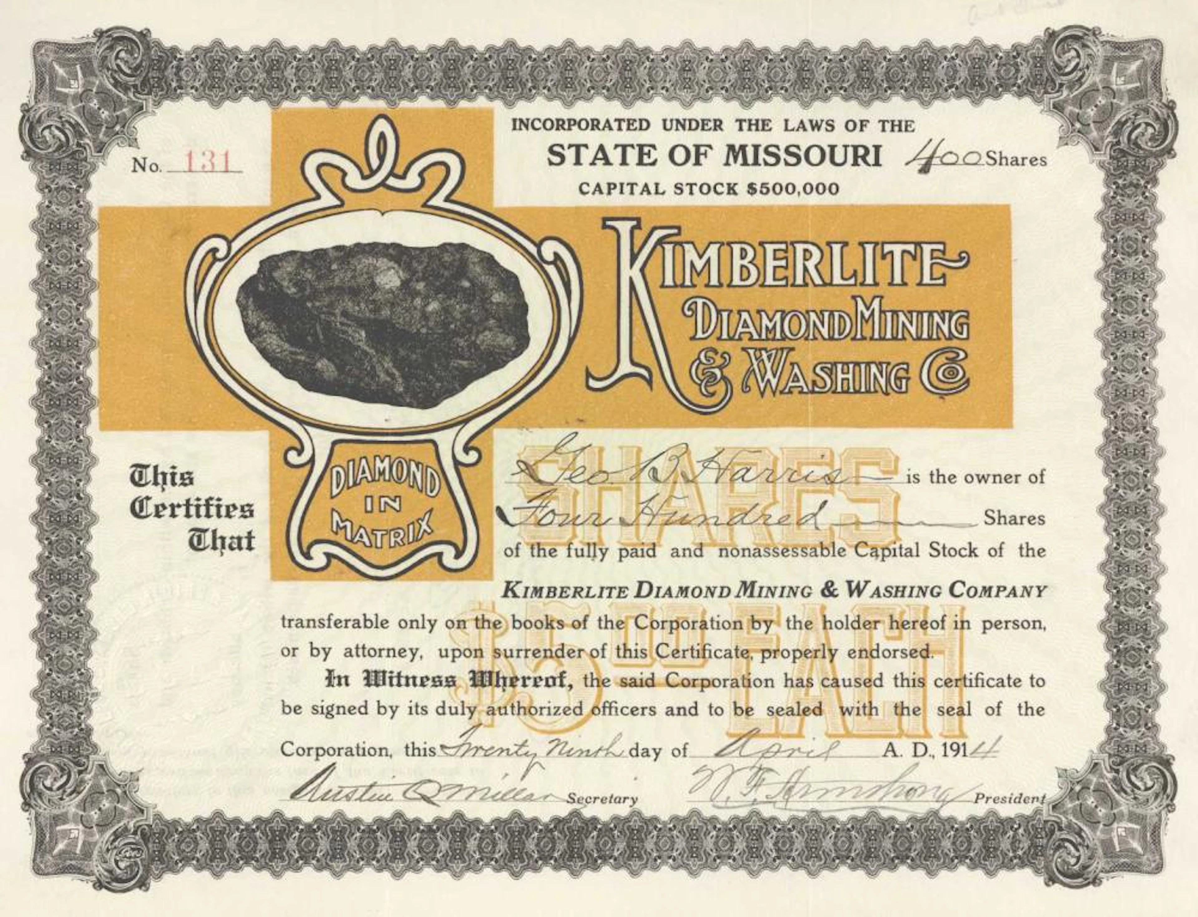 KIMBERLITE DIAMOND MINING AND WASHING CO.