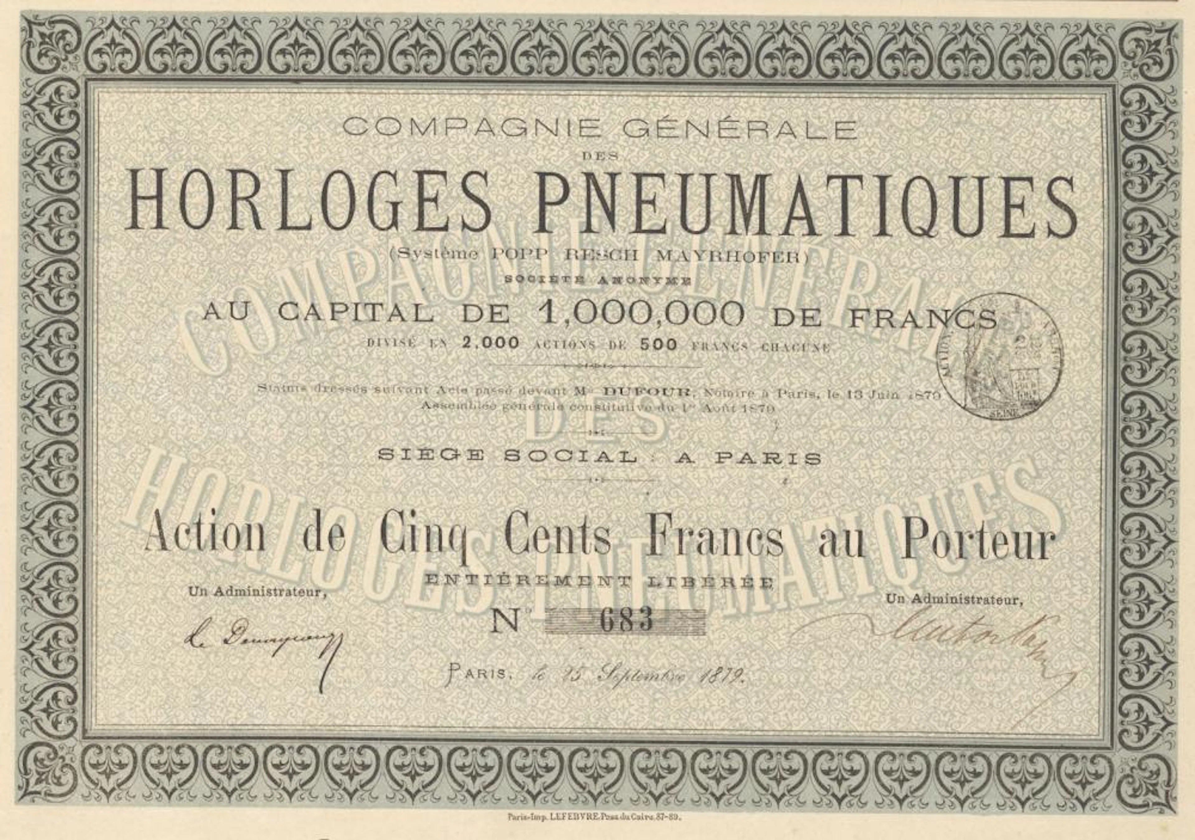 HORLOGES PNEUMATIQUES (SYSTEME POPP RESCH MAYRHOFER), CIE. GEN. DES