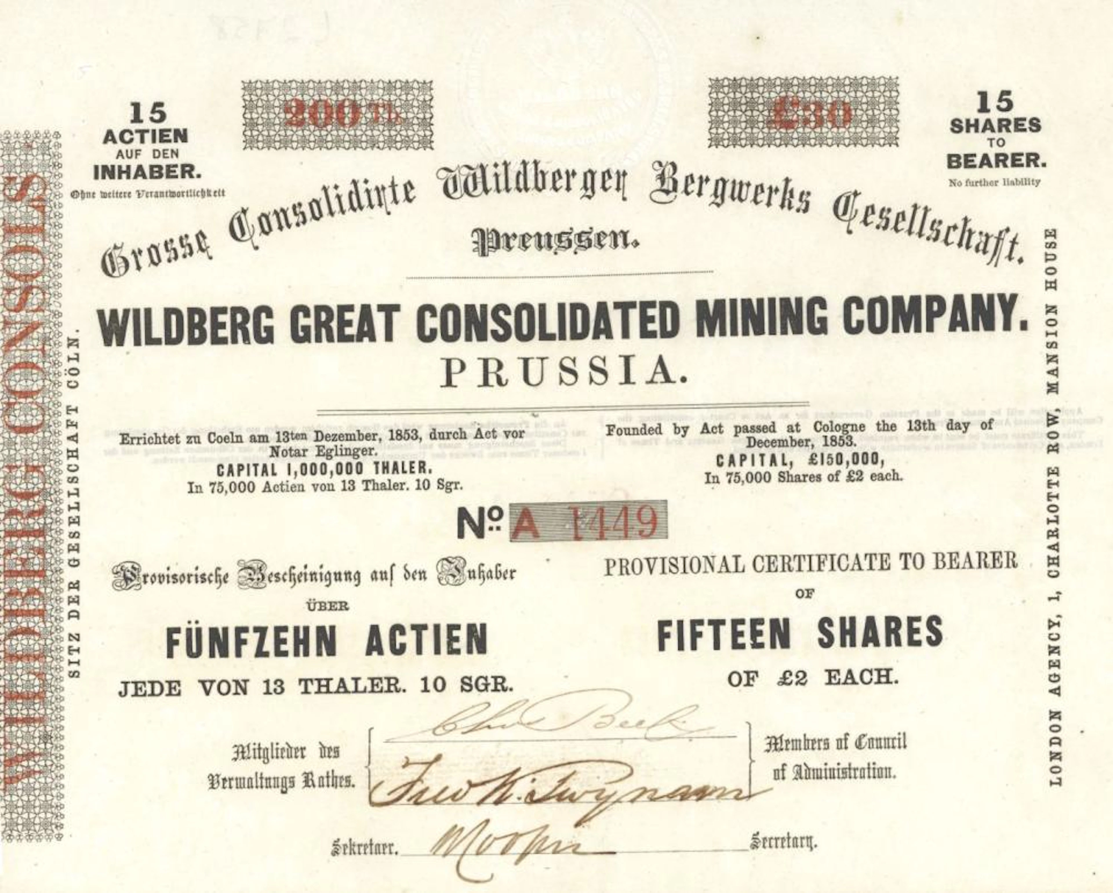 WILDBERG GREAT CONSOLIDATED MINING CO. - PRUSSIA