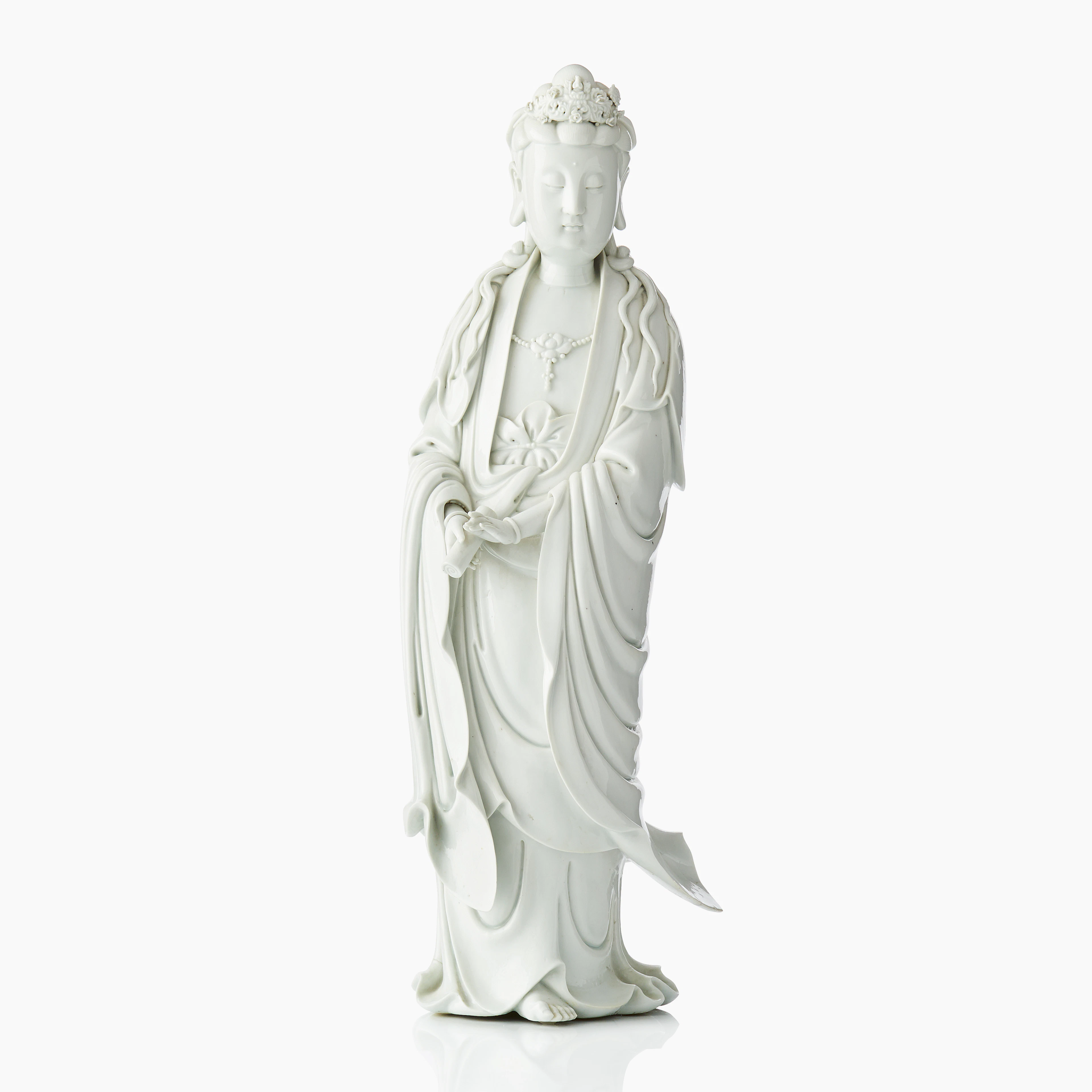 An Imposing Chinese Dehua Blanc-de-Chine Figure of a Standing Guanyin