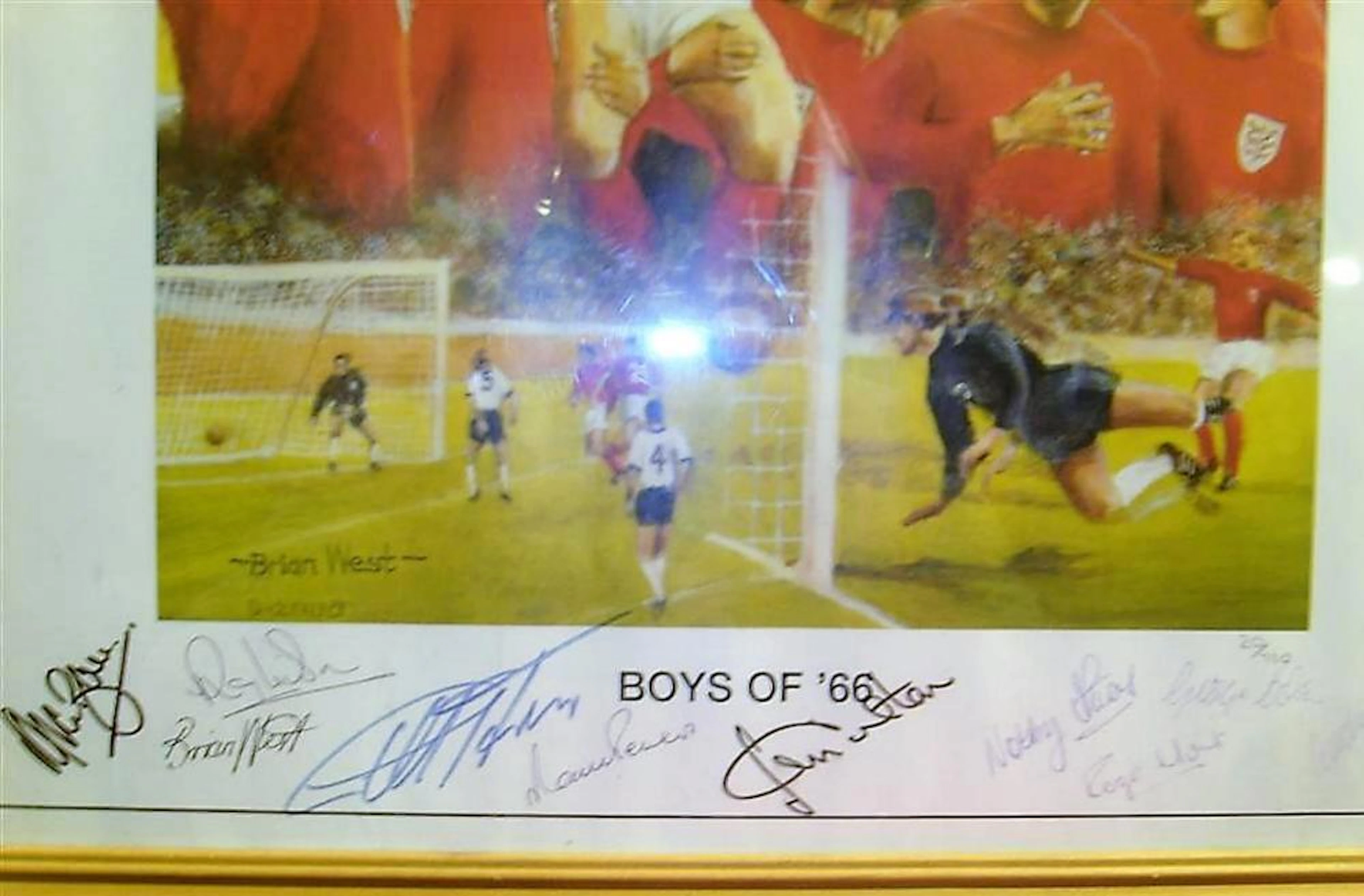 Lot 34: World Cup 1966 Print signed by 8 players - Hurst, Banks, Stiles and more