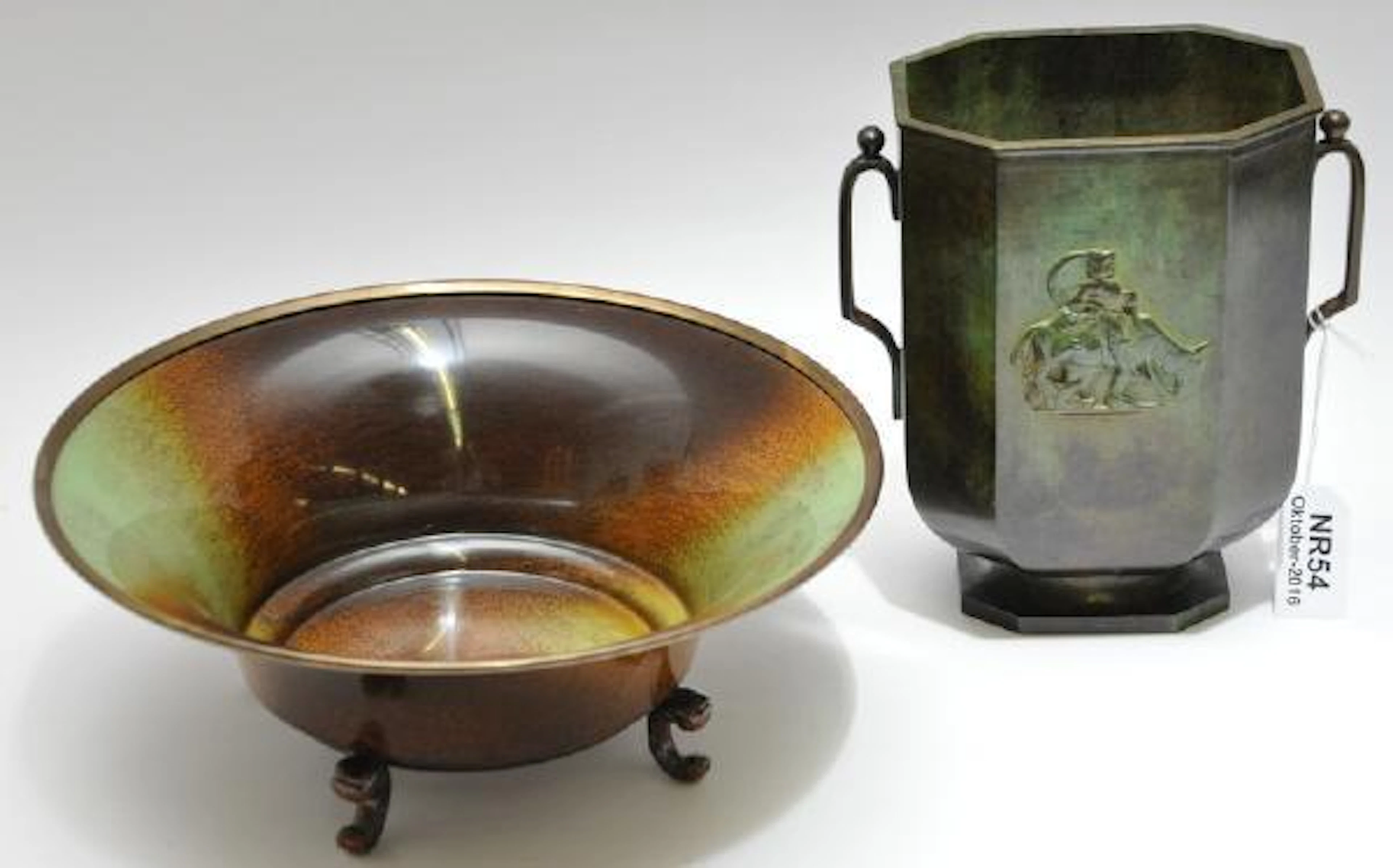 Urna Och Skål Grönpatinerad Brons 1910/20-Tal