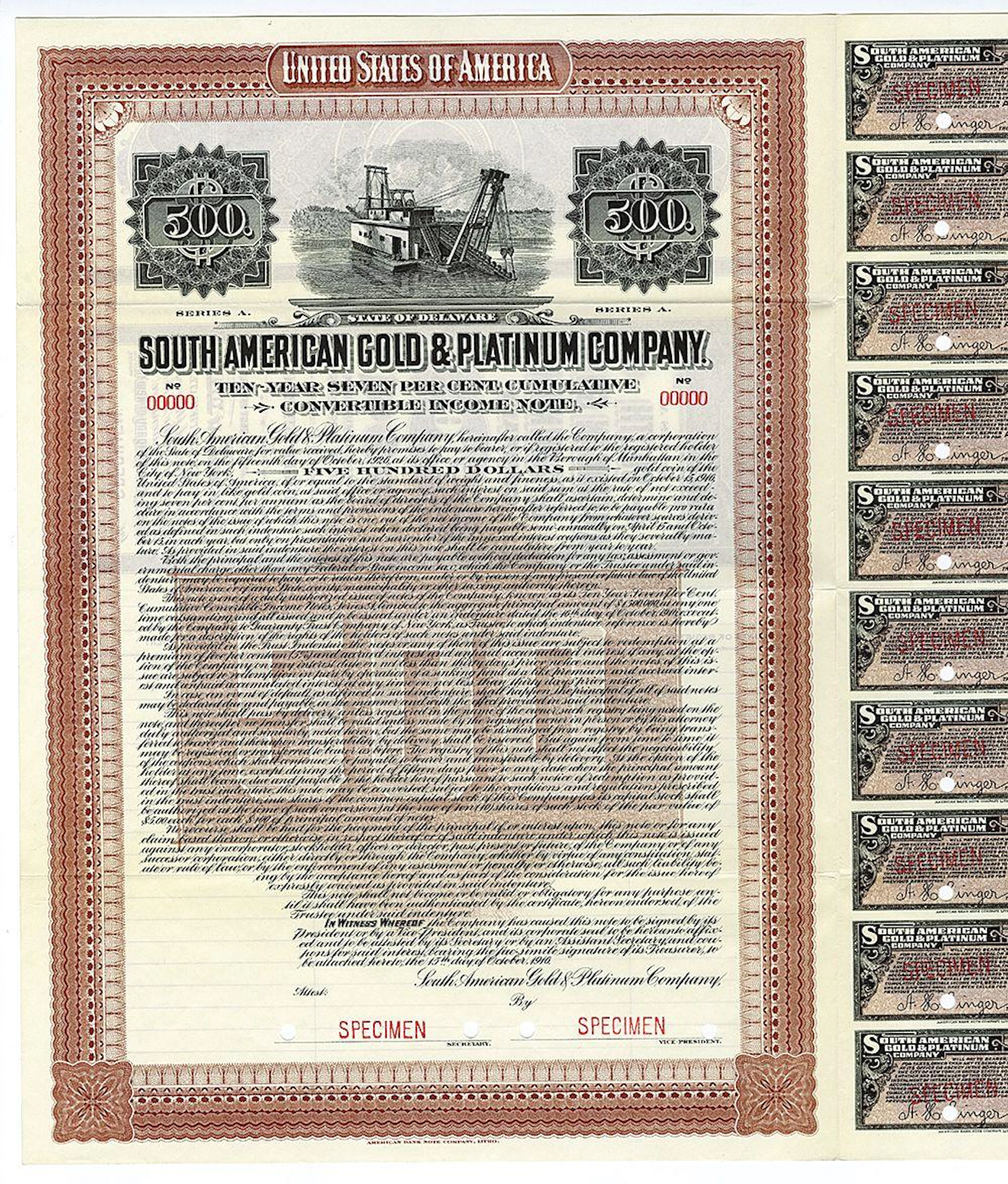 South American Gold Platinum Co. 1916 Specimen Bond.