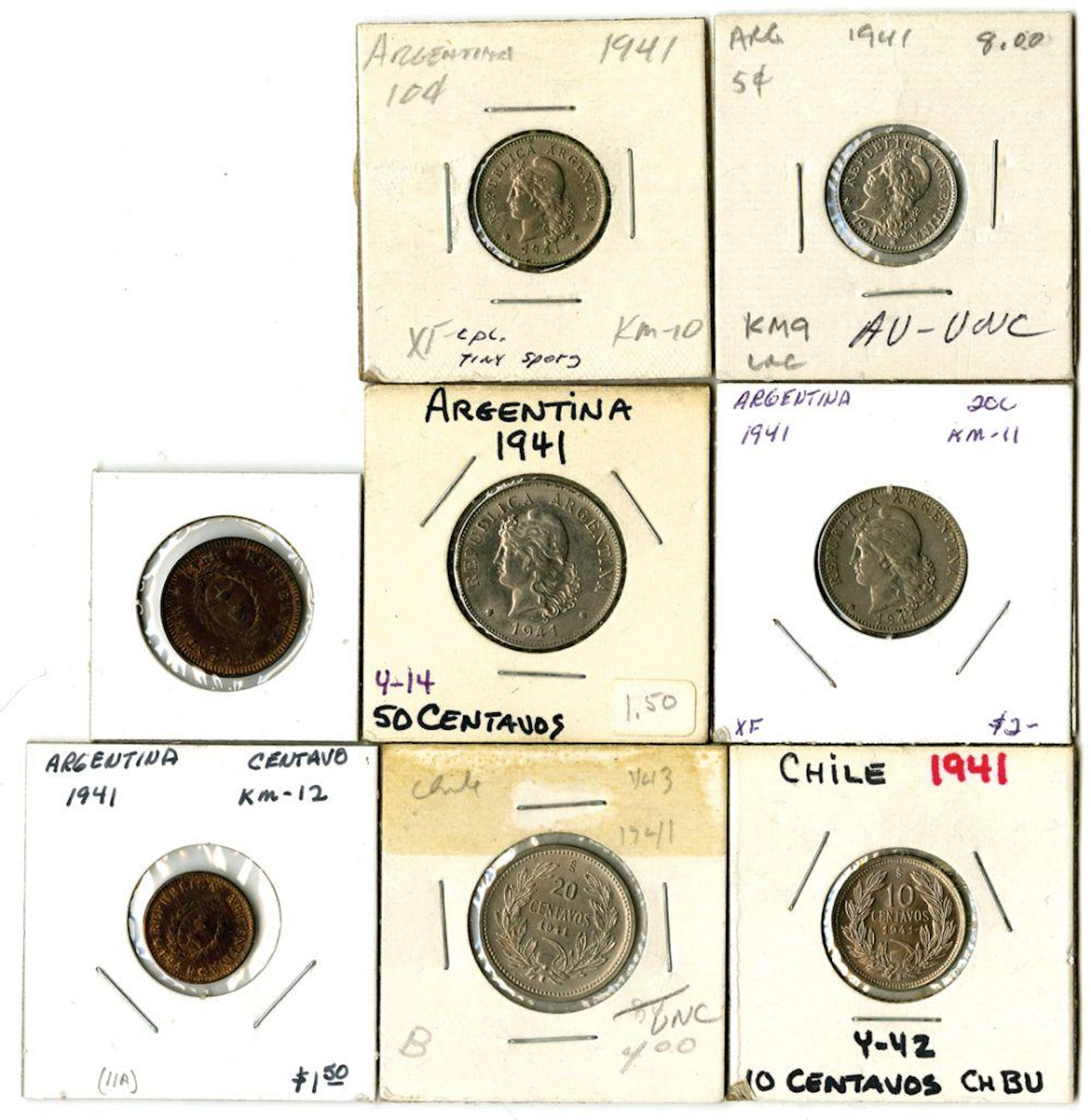 South American Coin Assortment, All dated 1941