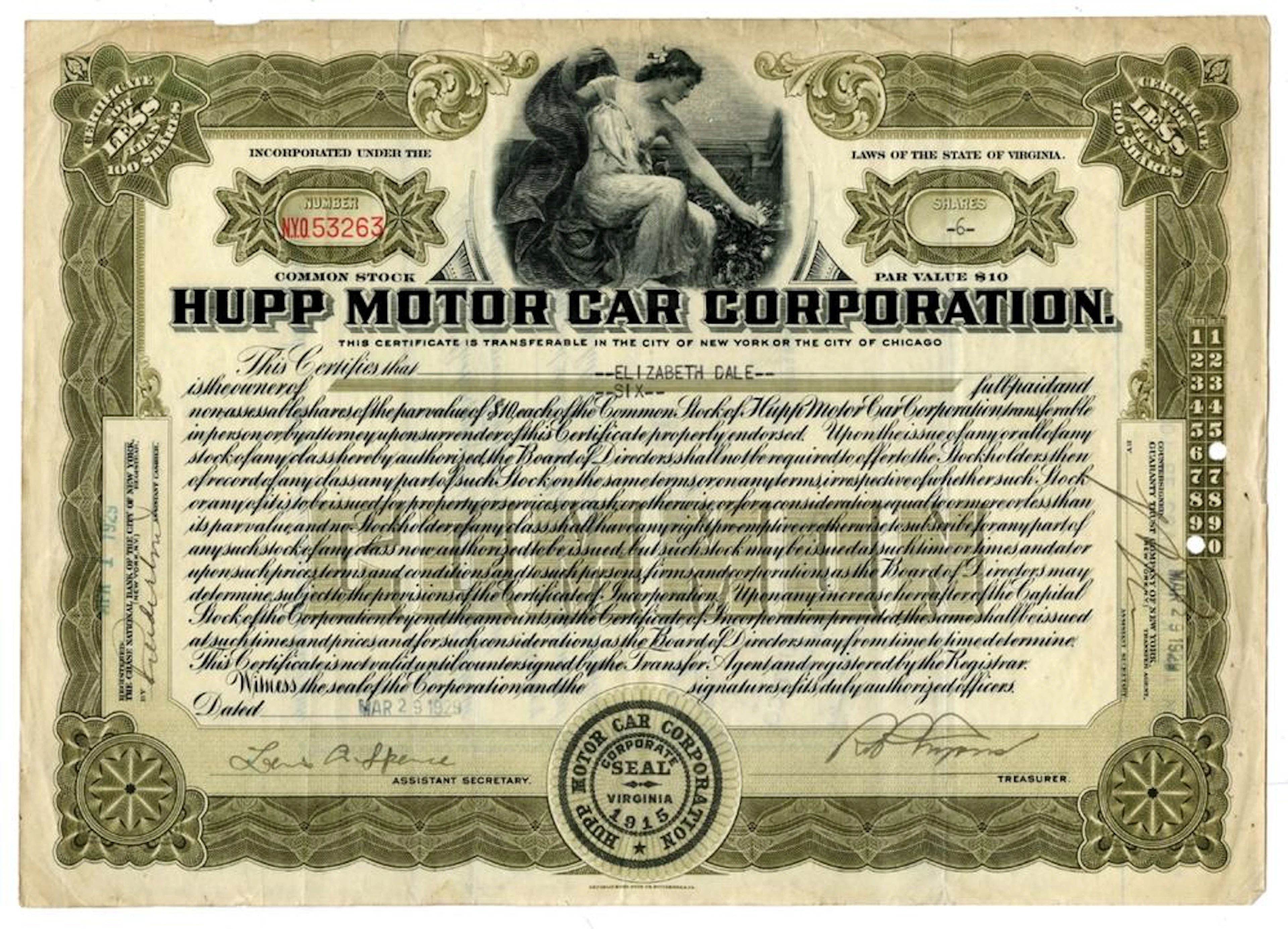 Hupp Motor Car Corp., 1929 I/U Stock Certificate
