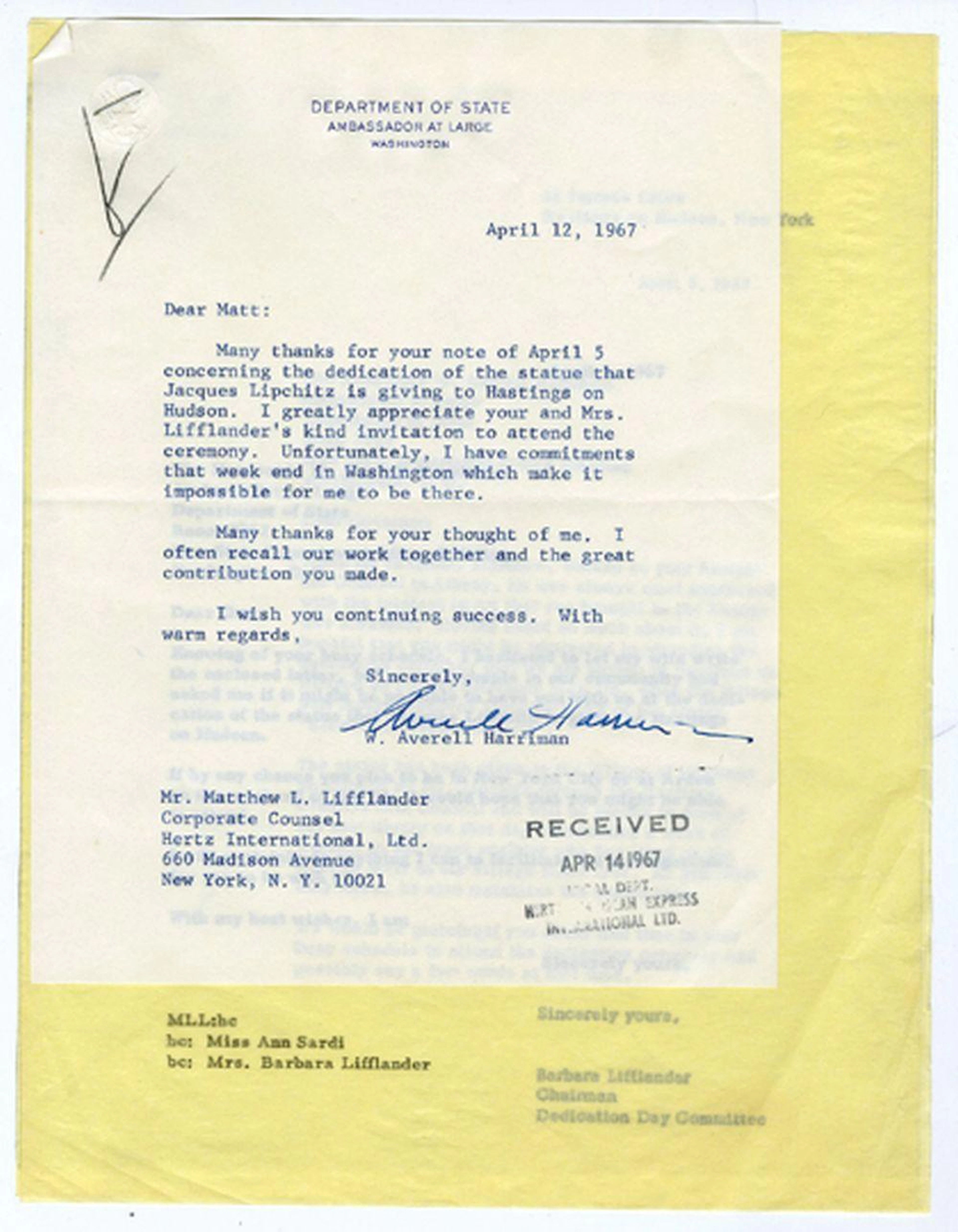 Correspondence with Averell Harriman, Ambassador at Large, 1967