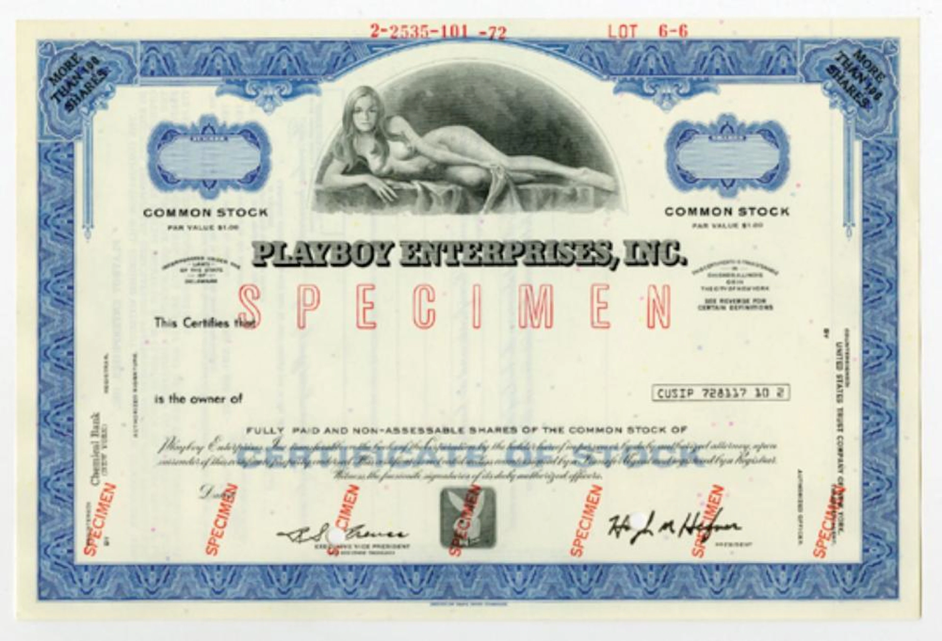 Playboy Enterprises, Inc. 1972 Specimen Stock Certificate