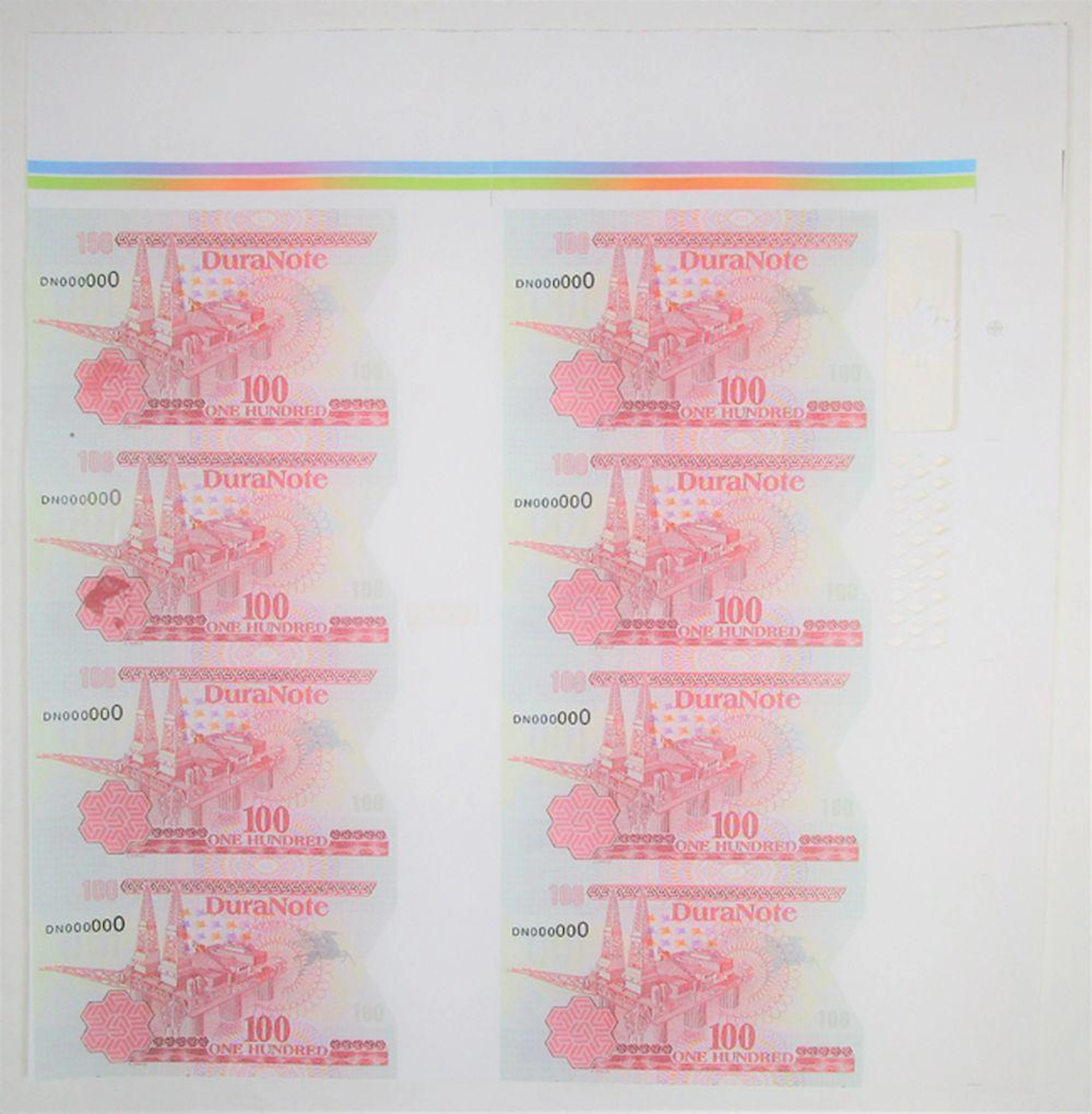 Dura Note - Uncut Polymer Sheet of 8 Advertising and Test...