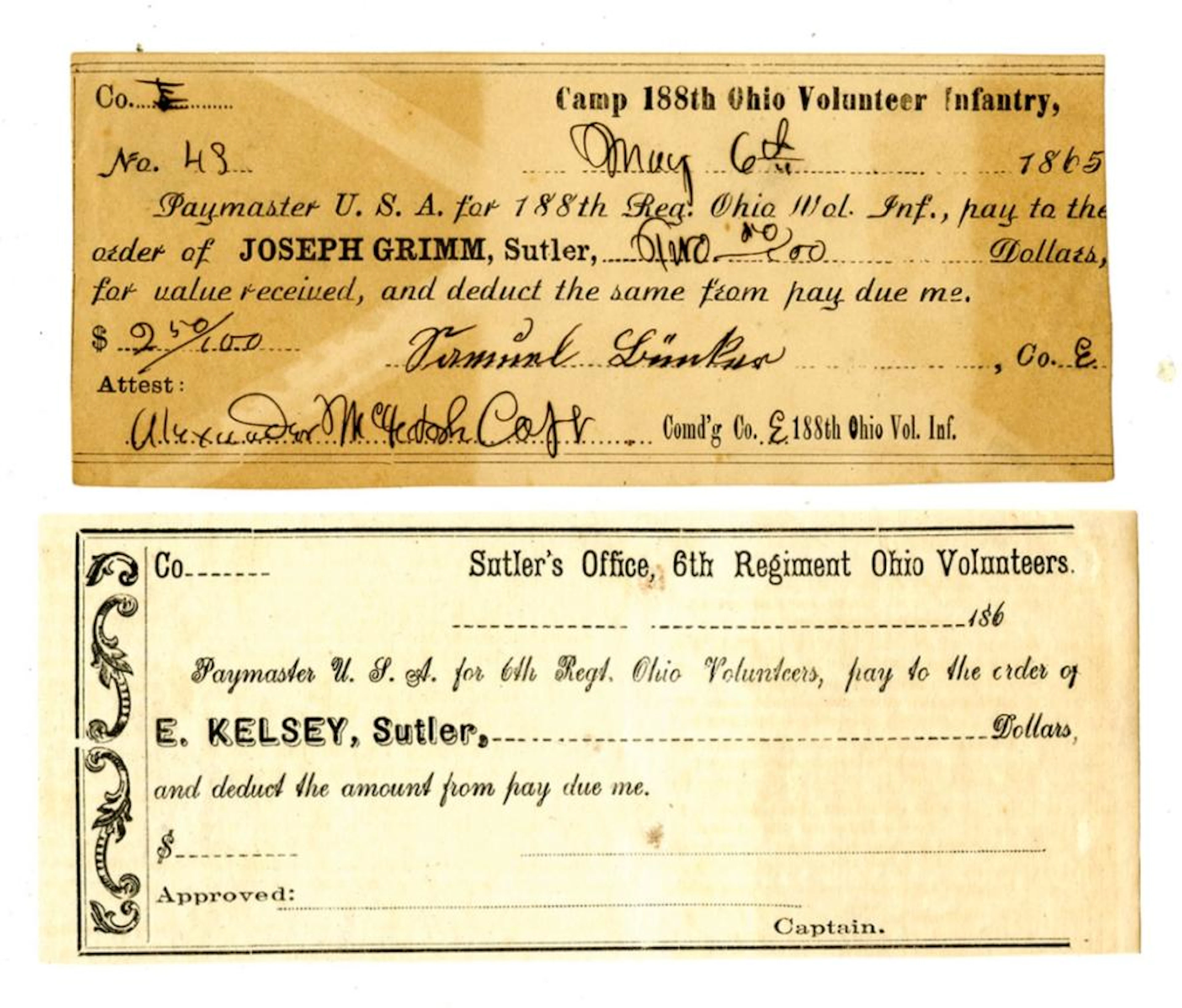 Ohio, Ohio Volunteer Payment Certificates, 1865, Lot of 2 Certificates