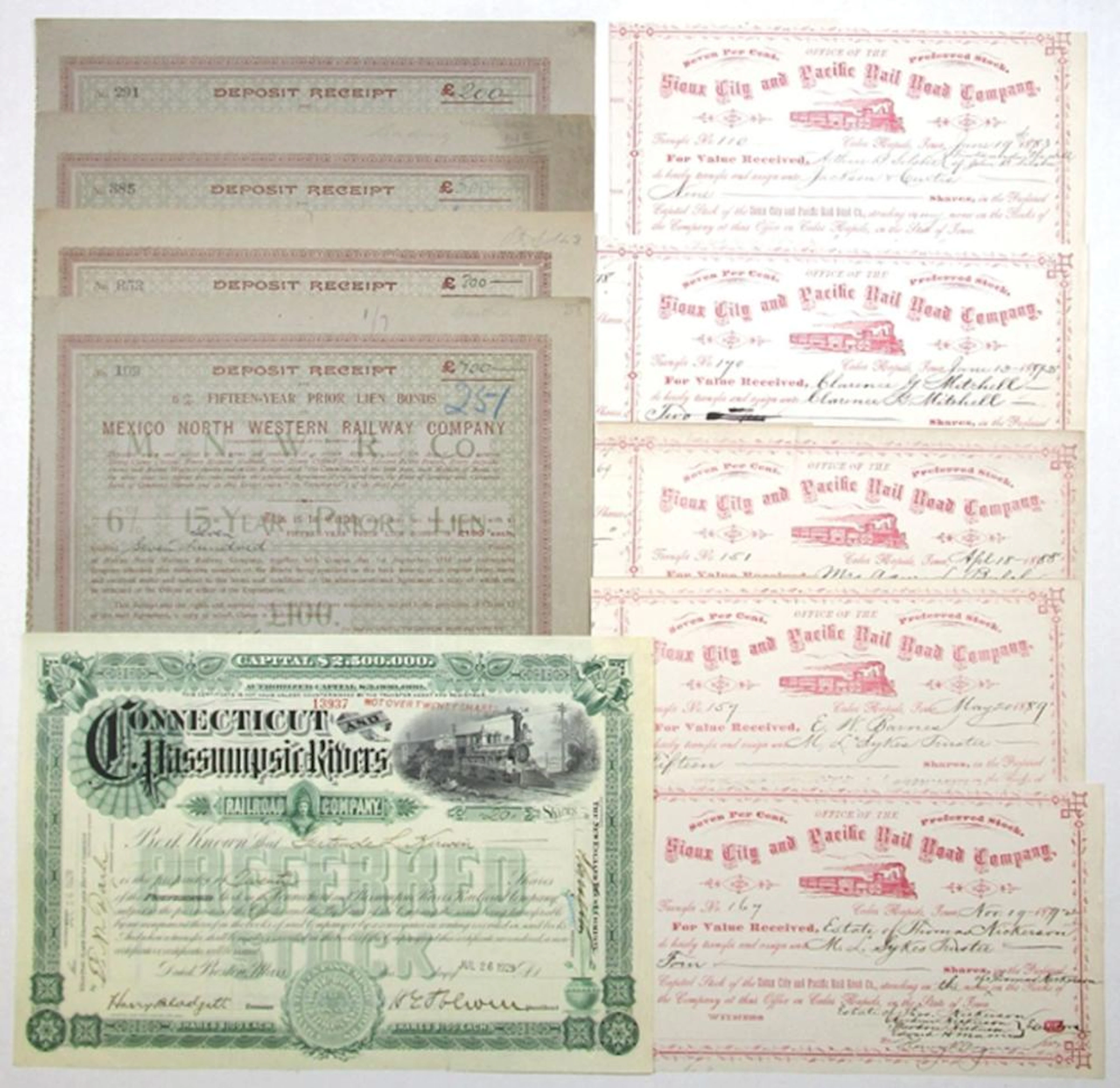 Railroad Related Assortment of Issued Stock and Bonds, 1883-1929