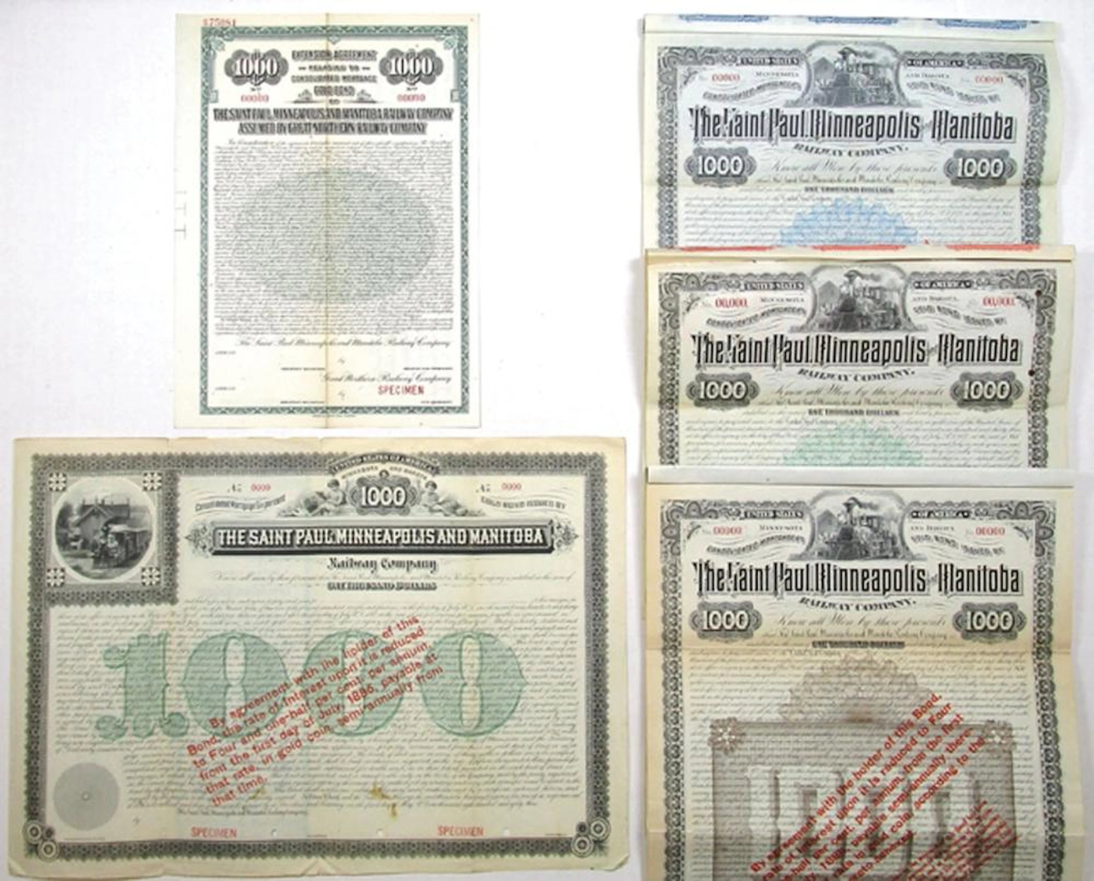 Saint Paul, Minneapolis and Manitoba, 1883 to 1933, Assortment of Specimen Bonds
